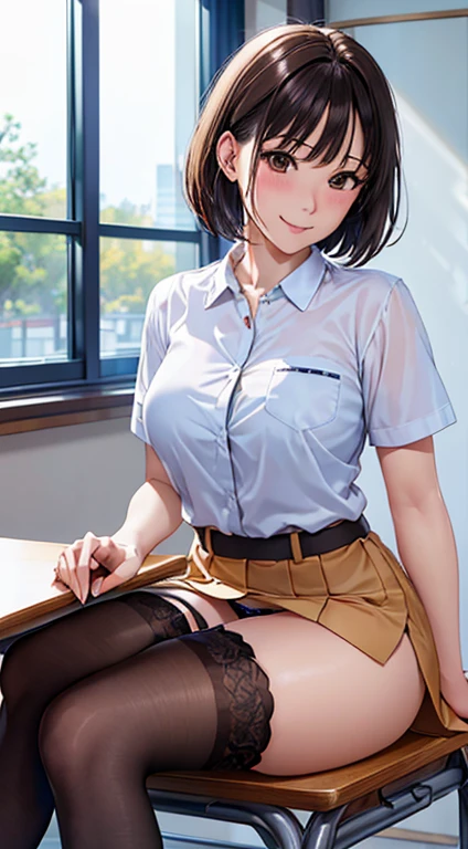 ((table top, highest quality, High resolution, nffsw, perfect pixel, 4K, nffsw, nffsw,35 years old))), 1 girl, single, alone, beautiful woman、I could see the whole body、 ((short bob hair, bangs, brown hair)), ((brown eyes, beautiful eyelashes, realistic eyes)), ((detailed face, blush:1.2)), ((smooth texture:0.75, realistic texture:0.65, realistic:1.1, Anime CG style)), medium breasts, dynamic angle, perfect body, ((black bunny ears、White short-sleeved shirt with open front、、plaid skirt、garter stockings、high heels、Kamimei)), classroom without people、sit at desk、、、evening、、、Very embarrassing panic smile、soft breasts、(、、open both legs、lace panties)、