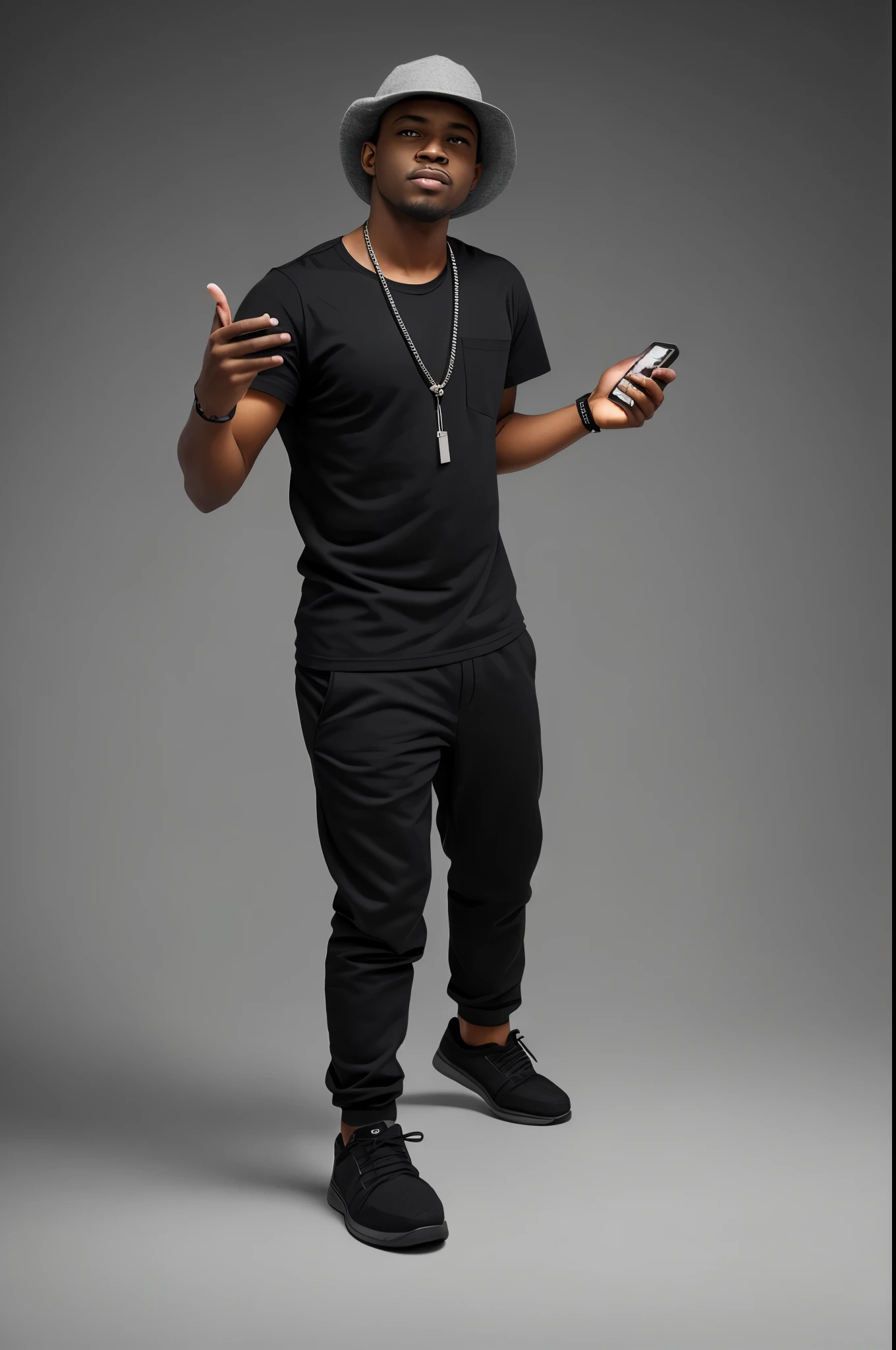 A robust man, clad in a black shirt and cap, holds a cell phone in one hand. He stands in a T-pose, arms outstretched to the sides, as though deeply immersed in a rap performance. His face remains concealed, either by the camera angle or a slight tilt of his head. The background is a solid black, accentuating the central figure. This hyper-detailed full-body depiction meticulously portrays every nuance of the subject's attire and stance.