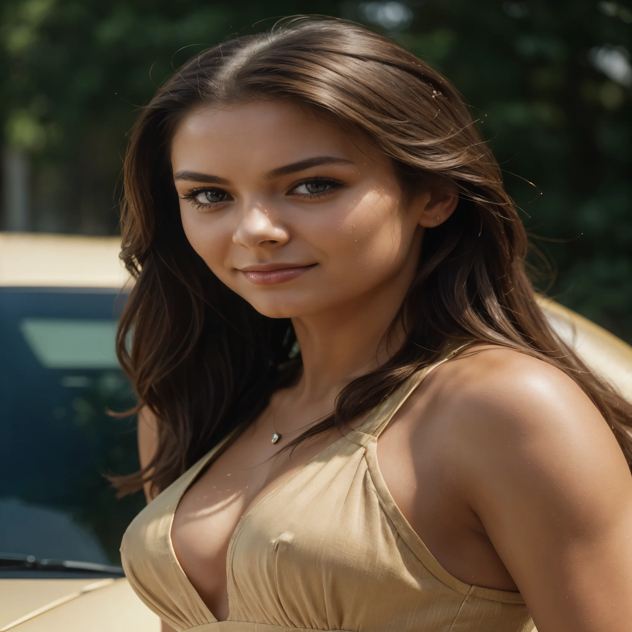 1 woman, (Realistic:1), content, sexual, full length portrait , 24 years old, ((face, Happy)), amazing RAW , the beautiful face, long brown hair, Very beautiful woman, Miss Universe, Sharp Focus, very detailed, 8k contract, natural lighting, octane number, Maximum detail, Super detailed, hyper-Realistic, ultra detailed, Highest quality of detail, ultra-Realistic, Shot with Canon R5 35mm f lens./5. 6 --with 69:128 --style raw --v 5. 2, (Skin with high detail: 1.2), 8k contract, SLR camera, soft light, High quality, granularity, 20 mp, FUJI XT3 , 80 mm, Hasselblad, Perfect eyes, solo and her happiness radiates from the image, analog style (Looking at the viewer:1.2) (skin texture, No make up, natural make-up) (granularity:1. 3, foreground, very detailed, natural, a high resolution, Best quality, complex part, very detailed, Detailed skin, Realistic skin texture, texture, Detailed eyes, professional, 4K, Kodak Color Vision, extremely detailed, photoRealistic, Realistic, Post-processing, Maximum detail, roughness, real life, ultra Realistic, photorealism in a Lamborghini in a dress with straps