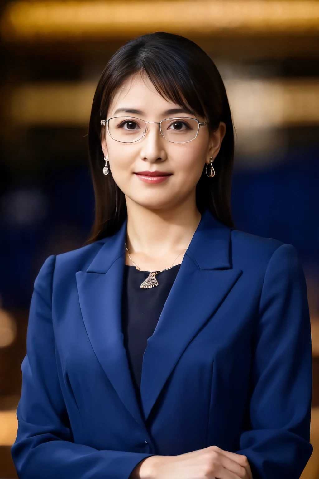 High resolution, highly detailed pictures, hyper real, professional lighting, detailed bust, 8k wallpaper, table top, highest quality, 1 girl, beaver, look at the audience, business suit, Dark blue suit, shirt, silver rim glasses, earrings, necklace, mini skirt, well-shaped bust, Bokeh, lower your arms