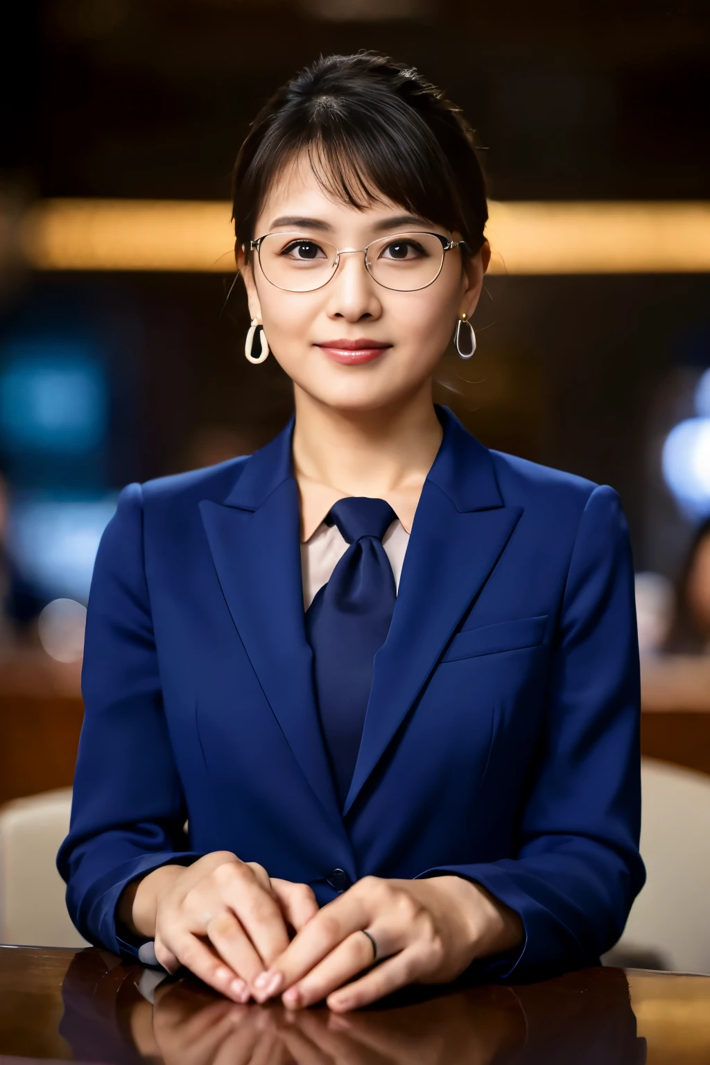 High resolution, highly detailed pictures, hyper real, professional lighting, detailed bust, 8k wallpaper, table top, highest quality, 1 girl, beaver, look at the audience, business suit, Dark blue suit, shirt, silver rim glasses, earrings, necklace, mini skirt, well-shaped bust, Bokeh, lower your arms