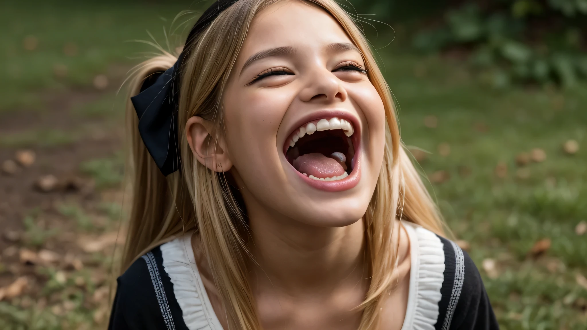 KIDS GIRL BLONDE with a black face and a black face with a black face, wide open mouth in terror, screaming face, evil dead face, insane face, scary face, evil crazy laugh,