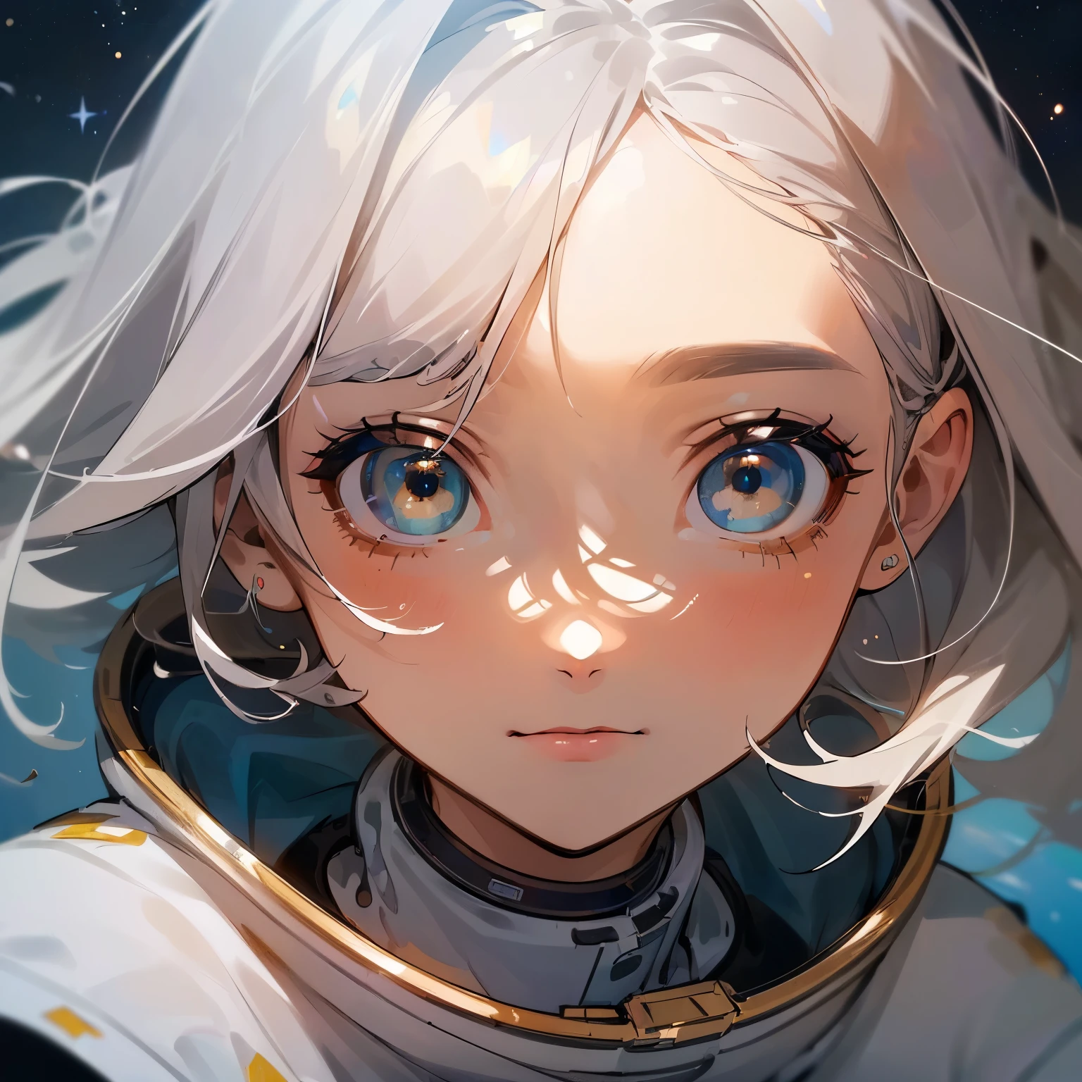 (Uma obra-prima de melhor qualidade em close-up:1.5)0.9], (Space and astronaut:1.2) (messy silver hair:1.1) (olhos amarelos com heterocromia e olhos azuis:1.2) (capacete espacial:1.0) (estrelas coloridas nos olhos:1.0) (luz radiante:1.1) (labios grandes:0.9)