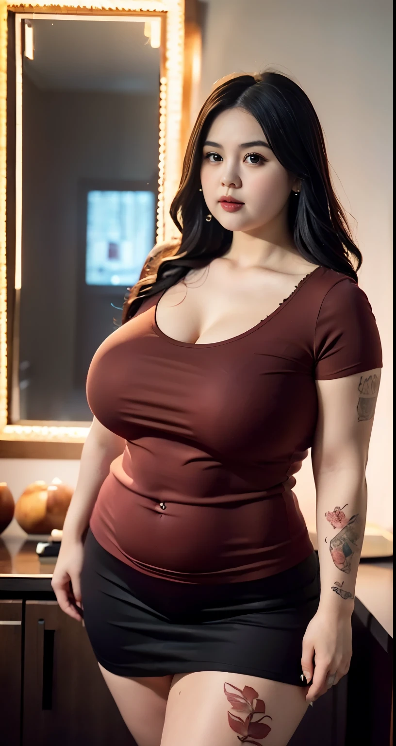 there is a woman posing in a dark room with a maroon t-shirt covered her belly and red thight skirt, thick body, beautiful thick female, wide hips, thick legs, she has a jiggly fat round belly, thick thighs, curvy hourglass figure, thicc, curvy model, widest hips, hyperrealistic full figure, bbwchan, voluptuous body, thick, tattooed body, tattooed hands, tattooed arm, ((Chubby woman:1.lump woman:1.3)), full body , ((Detailed texture of tattooed skin)), tattoo round breasts, irezumi tattoo style, tattoo on breasts, tttattoo, showing her thigh , tattoo on thigh, a close up of a woman with tattoos on her body, inked, tattooed body, fully tattooed body, tattooed, full-body tattoos, full - body tattoos, , full body tattoo, with tattoos, , tattoos, tattoos all over the skin, tattoos and piercings, big thighs , chubby thighs