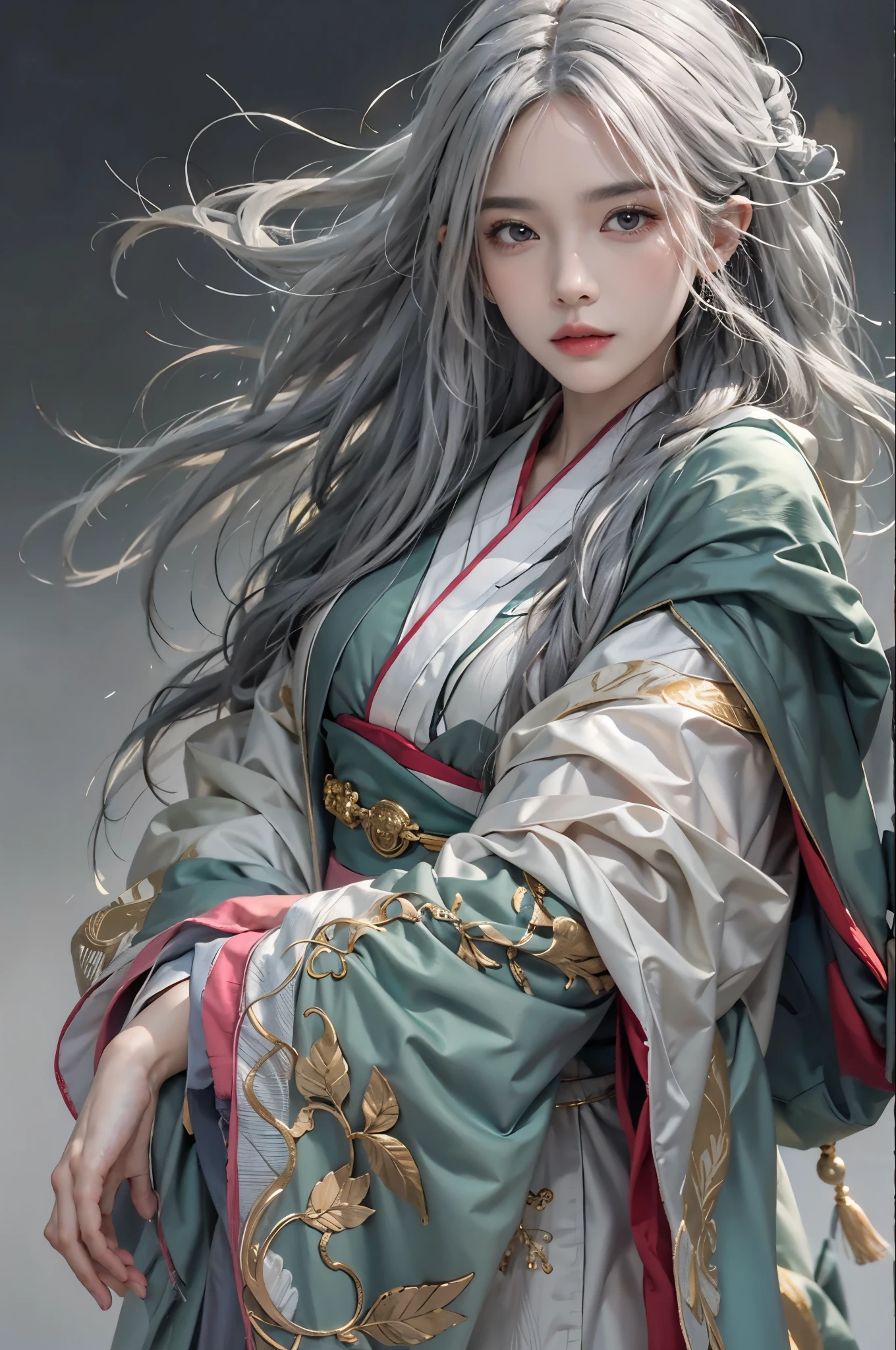 realistic, High resolution, 1 female, alone, hip up, look at the audience, (detailed face), gray hair, long hair, taoist robe,oversized clothes, jewelry