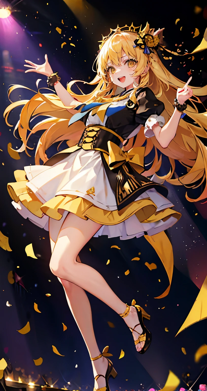 (muste piece), (best quality), very detailed, ((1 girl)), solo full body shot，Low - Angle，dynamic，jump，((A big smile))，wink，perfect face, beautiful face, very detailedな顔，(blonde long hair_yellow eyes:1.3)，idol costume，solo idol，Ribbon hair ornament，concert dome，live，have a microphone，singing，Smiling with mouth wide open，Laser Light，Spotlight，confetti