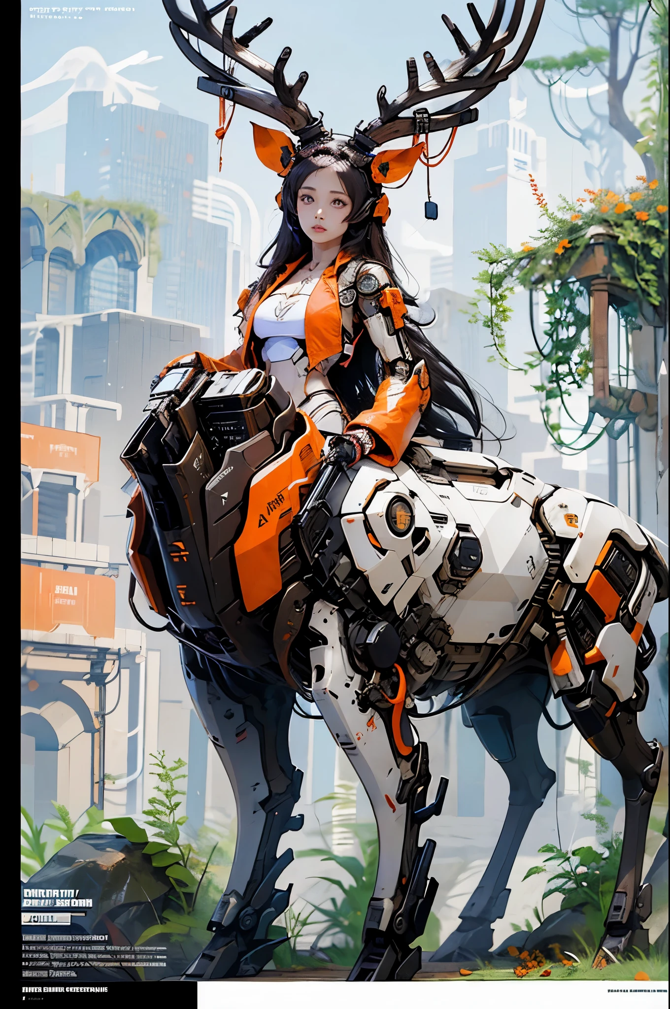 masterpiece, (1girl:1.5), extremely detailed female character, full body shot, best quality, dnd, dungeons and dragons, (curvy, athletic, pointy ears), (deer, deer ear, anthro, horns, glowing eyes), (magazine title, text), (magazine:1.5), medieval era, fantasy clothes, anime style, (medieval mecha sci-fi suit, autumn forest background, destroyed town, action pose), (nsfw:0.1)