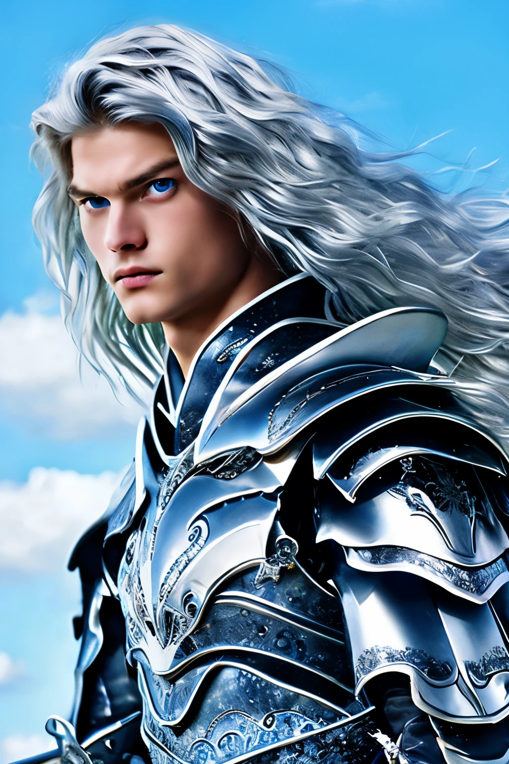 Brave、knight、male、silver hair、long hair、blue eyes、sky background、