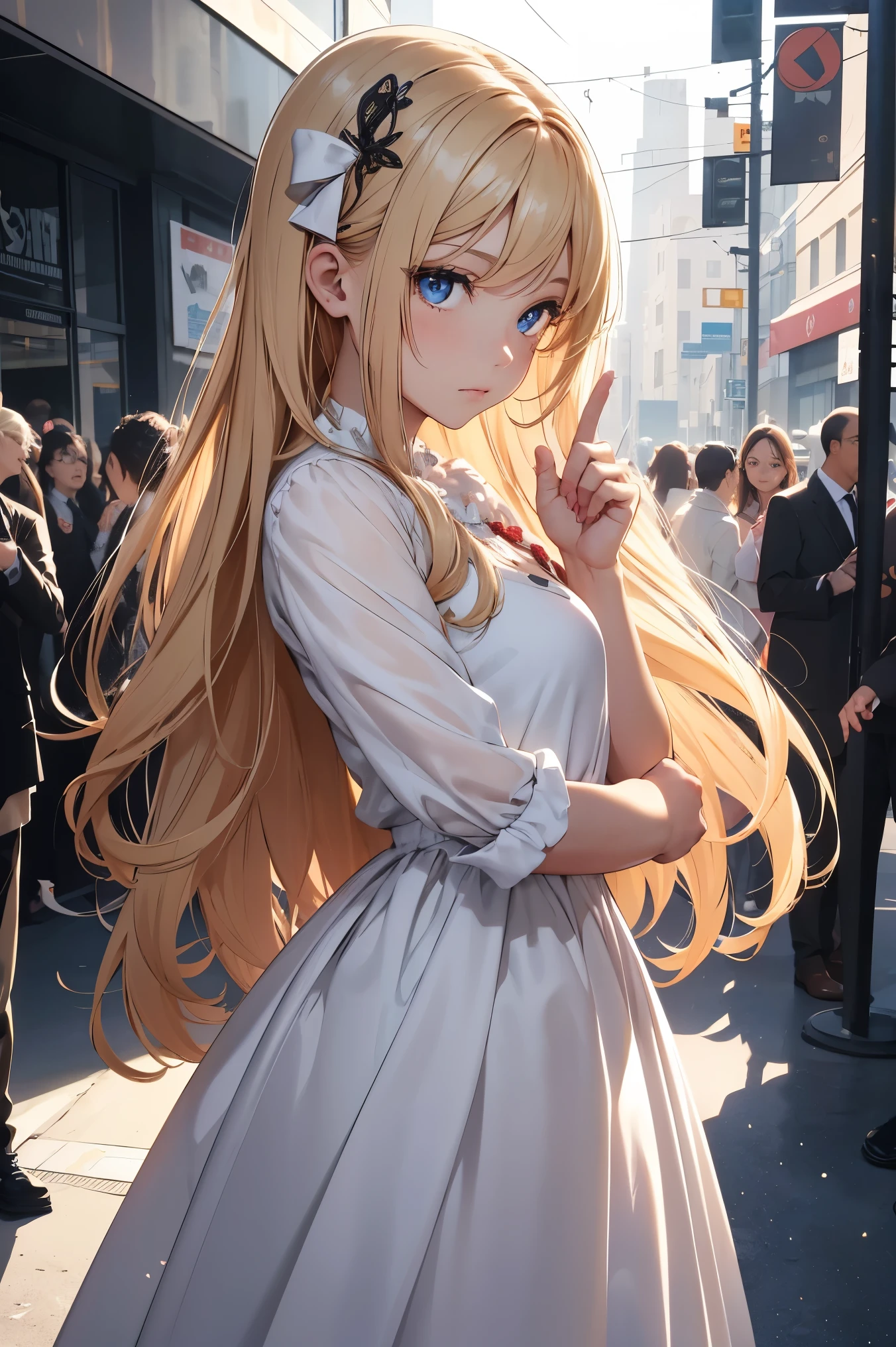(masterpiece), best quality, expressive eyes, perfect face, (masterpiece), best quality, expressive eyes, perfect face, (((masterpiece))), (top quality), (best qulity), (((ultra-detailed, 8k quality))), (large masterpice  art), (detailed manga ilustration), (detailed line art), (perfect anatomy), extremely detailed body, perfect body, best body, great drawings, extremely detailed finger best hands, perfect face, extremely detailed face, beautiful face, extremely detailed eyes, ((expressive eyes)), gradient eyes, beautiful eyes, perfect eyes, perfect finger, extremely detailed feet, perfect feed, extremely detailed pose, perfect pose, extremely detailed anime films, perfect anime posters, extremely detailed anime posters, 5 fingers on the left hand, 5 fingers on the right hand, better fingers,
BREAK,
a girl walks up and gives the middle finger to the viewer,
[girl: (8 years old), (blonde long hair), (red eyes), (disgust, closed mouth), (white long dress, elegant, such a beautiful dress,), (black ribbon hair clip),]]
BREAK,
[walking down a red carpet, crowd to the left, ((((half body))), photography, ultra realistic, very realistic, very detail, (camera angle from the side very close), (The left hand is hugging a teddy bear, the right hand is giving the middle finger to the viewer),(middle finger),]]
BREAK,
[(dropped shadow),]]
