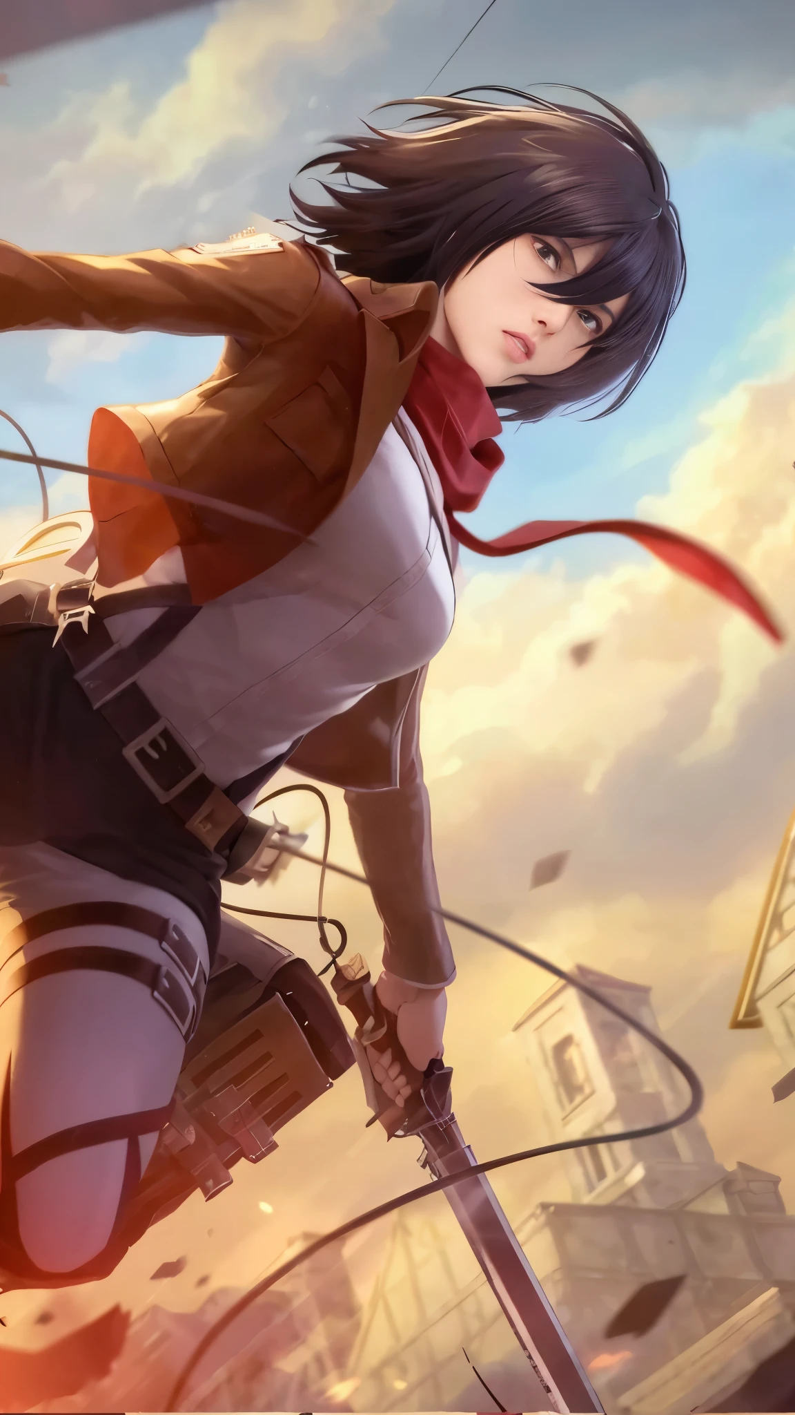 Mikasa, Masterpiece, Best quality, A high resolution, Short hair, Black eyes, Scarf, emblem, belt, thigh band, Red scarf, White pants, Brown jacket, Long sleeves, holding weapon, sword, dual wielding, Three-dimensional electric gear, Arms spread wide, standing on one leg, Wide shot, sky, Highest quality, high resolution.