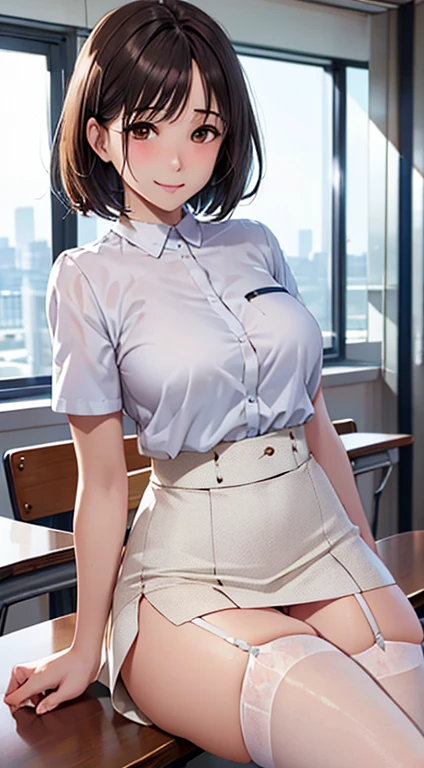 ((table top, highest quality, High resolution, nffsw, perfect pixel, 4K, nffsw, nffsw,35 years old))), 1 girl, single, alone, beautiful woman、I could see the whole body、 ((short bob hair, bangs, brown hair)), ((brown eyes, beautiful eyelashes, realistic eyes)), ((detailed face, blush:1.2)), ((smooth texture:0.75, realistic texture:0.65, realistic:1.1, Anime CG style)), medium breasts, dynamic angle, perfect body, ((black bunny ears、White short-sleeved shirt with open front、、plaid skirt、garter stockings、high heels、Kamimei)), classroom without people、sit at desk、、、evening、、、Very embarrassing panic smile、soft breasts、(、、open both legs、lace panties)、