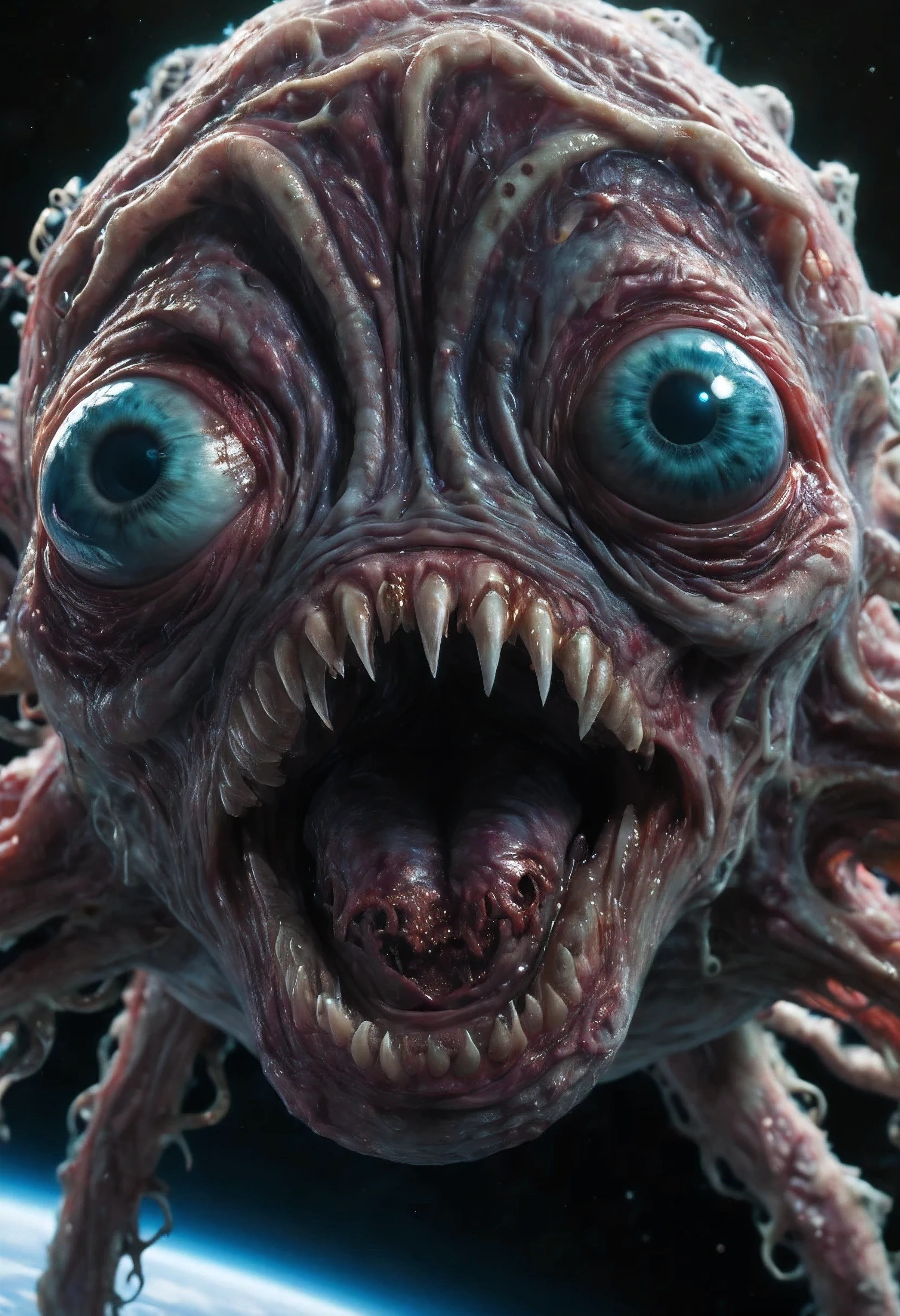 an unimaginably creepy creature in (space), consisting of flesh and terrible eyes, Huge mouth, (full-body-shot) subsurface scattering, film grain, high-budget, Tentacle-like, volumetric lighting, highly detailed, realism, 3D, 4K, high quality highres high saturation, cerulean