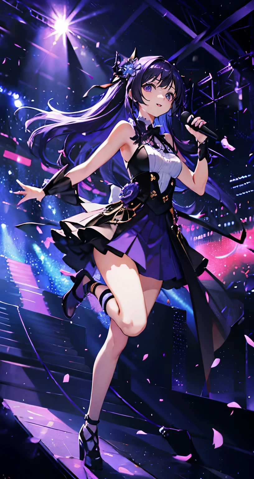 (muste piece), (best quality), very detailed, ((1 girl)), solo full body shot,Low - Angle,dynamic,jump,((A big smile)),wink,perfect face, beautiful face, very detailedな顔,(Purple hair long hair_purple eyes:1.3),idol costume,solo idol,Ribbon hair ornament,concert dome,live,have a microphone,singing,Smiling with mouth wide open,Laser Light,Spotlight,confetti