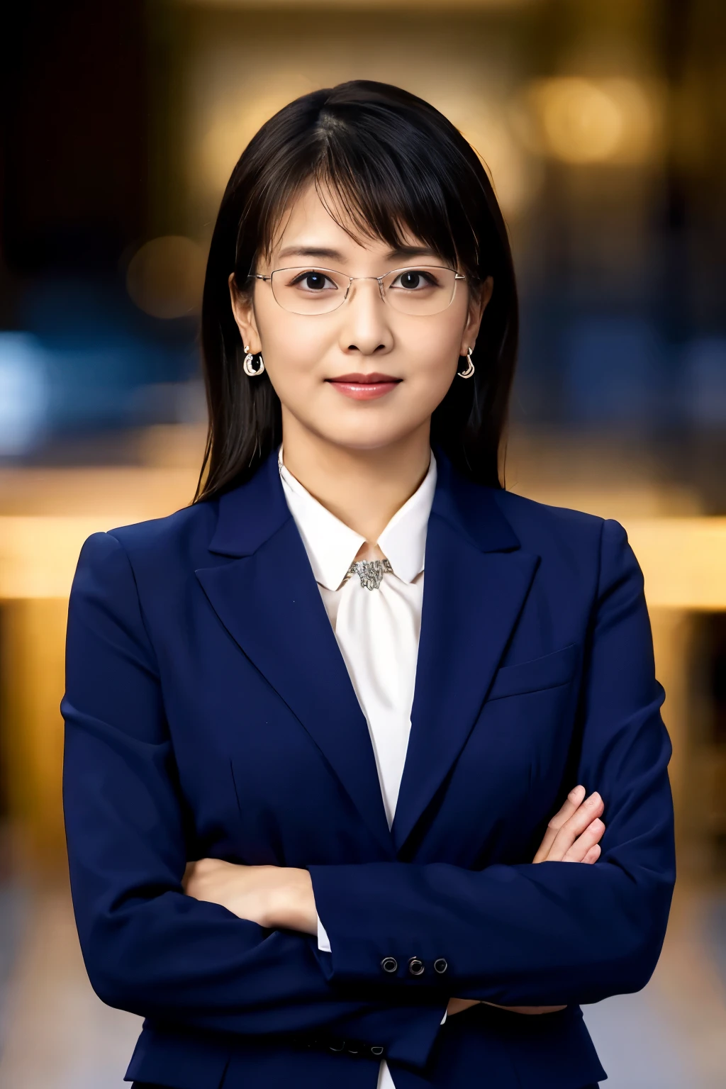 High resolution, highly detailed pictures, hyper real, professional lighting, detailed bust, 8k wallpaper, table top, highest quality, 1 girl, beaver, look at the audience, business suit, Dark blue suit, shirt, silver rim glasses, earrings, necklace, mini skirt, well-shaped bust, Bokeh, lower your arms
