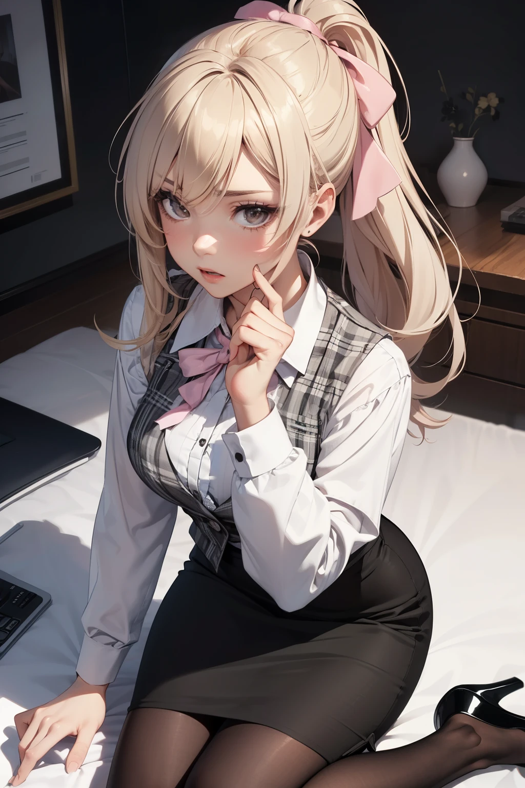 (best quality, 4k, 8k, highres, masterpiece:1.2), ultra-detailed, detailed face, detailed lips and eyes, anime style,
BREAK
Valerie the Thief beautiful caucasian woman with messy wavy shoulder length blonde hair, 23 years old, ((big eyes)), (brown eyes:1.3), brown eyebrows, fair skin, lean and athletic, attractive appearance, expressive face, beautiful hair tied in ponytail,
BREAK
(white and gray theme:1.3), (wearing a [[white and gray plaid pattern]] vest over a long sleeve white collared-shirt:1.4), (buttoned gray vest:1.2),
BREAK
(pink theme:1.2), (pink ribbon bow:1.3),
BREAK
(black theme:1.4), (tight black pencil skirt:1.5), (pantyhose:1.3), (high heels:1.1),
BREAK
detailed perfect fingers, detailed perfect hands, detailed perfect face, intense blushing, (solo:1.2),
BREAK
standing in front of desk, (1 Adult female), A high resolution, Sharp focus, Pixiv masterpiece, highly  detailed, 1 woman, Defeat, crestfallen, full body, kneels on the ground, embarressed, exhilarated, is shocked, worry, (A gesture of pleading), closed eyes, perspire, from above, dutch angle