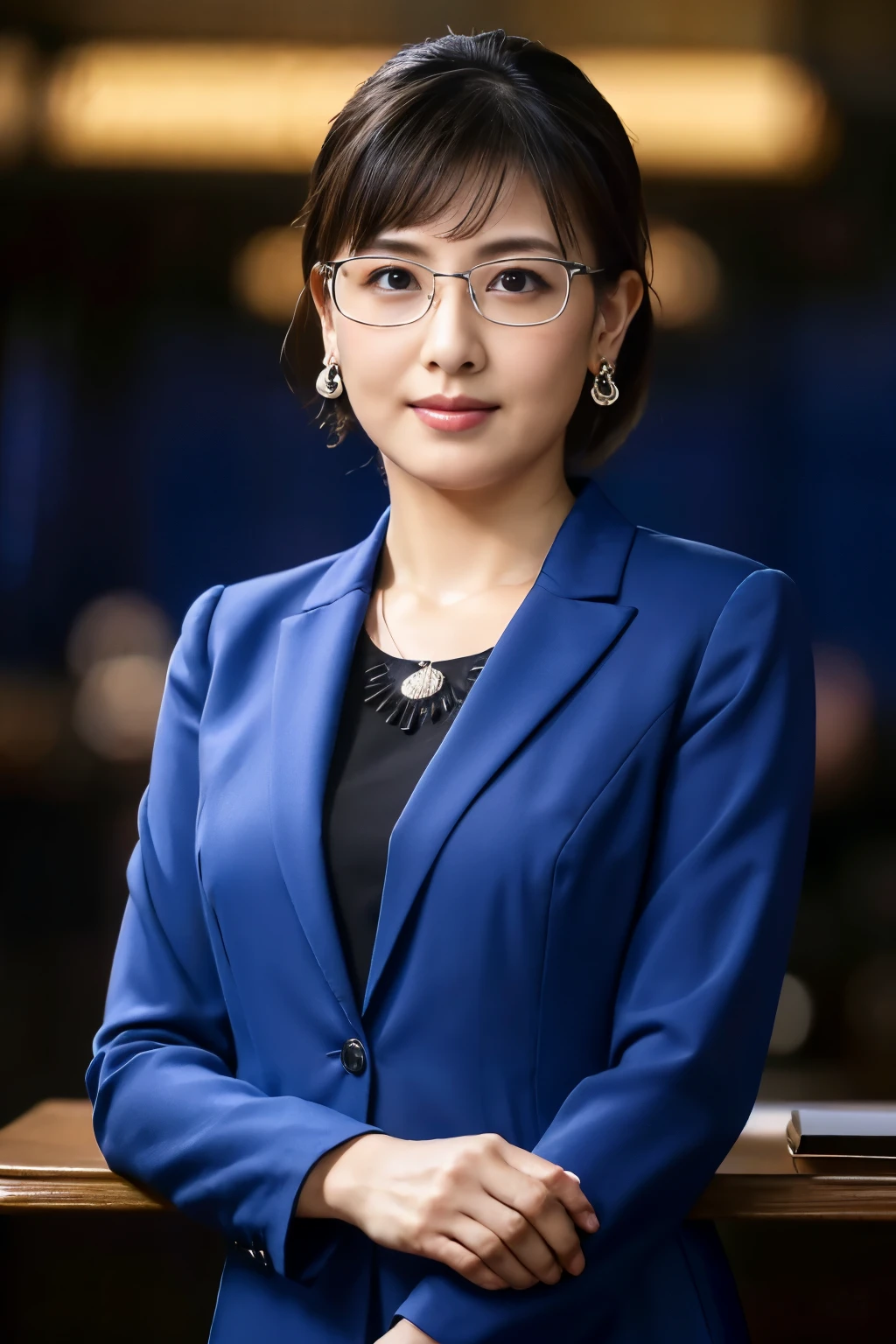 High resolution, highly detailed pictures, hyper real, professional lighting, detailed bust, 8k wallpaper, table top, highest quality, 1 girl, beaver, look at the audience, business suit, Dark blue suit, shirt, silver rim glasses, earrings, necklace, mini skirt, well-shaped bust, Bokeh, lower your arms