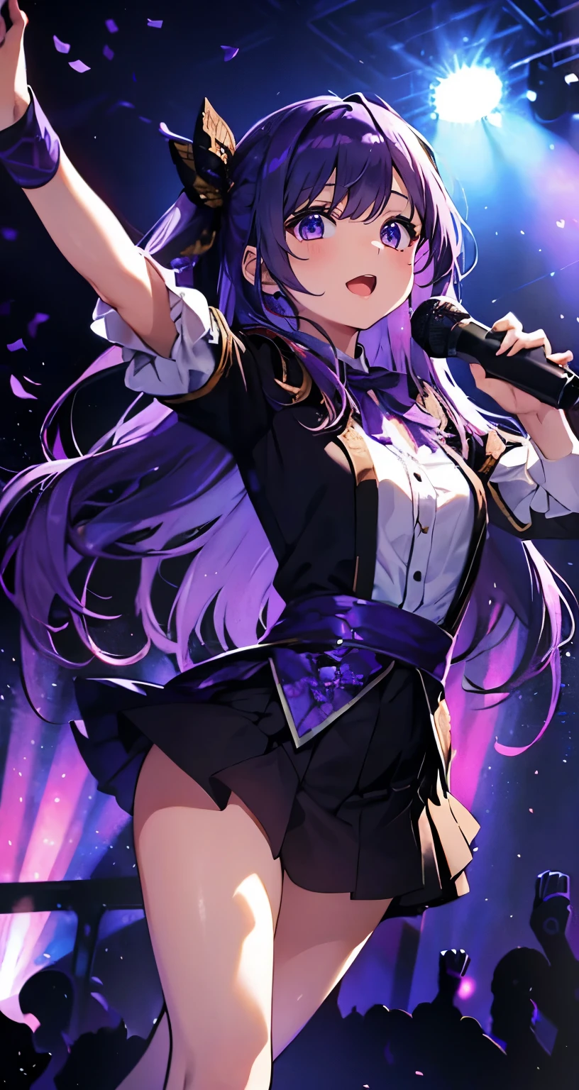 (muste piece), (best quality), very detailed, ((1 girl)), solo full body shot，Low - Angle，dynamic，jump，((A big smile))，wink，perfect face, beautiful face, very detailedな顔，(Purple hair long hair_purple eyes:1.3)，idol costume，solo idol，Ribbon hair ornament，concert dome，live，have a microphone，singing，Smiling with mouth wide open，Laser Light，Spotlight，confetti