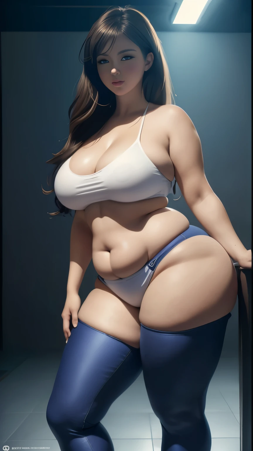 Around 50, wearing a white top and blue pants, taking a photo, thickボディ, surreal full body figure, thick, beautiful thick woman, sensual body, photorealistic perfect body, She has a plump, round belly, curvy model, Perfect body with realistic shading, curved body, curved hourglass illustration, beautiful curvy female, sensual figure