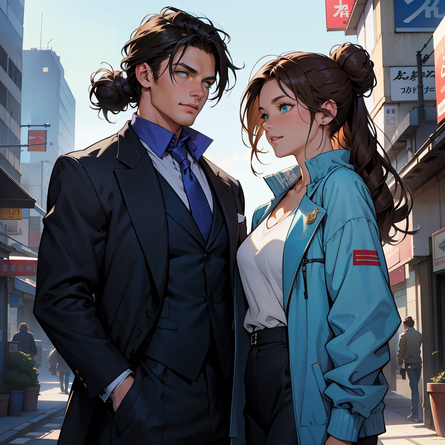 Sketch of a man and woman with tousled hair and messy bun looking up. She has a slight smile on her lips and her eyes are wide open. Digital illustration, Contemporary era, Predominantly blue palette with highlights. The photo shows a man with brown hair and green eyes. Dressed in a white T-shirt and a black jacket. In the background there is a city and a derejable. The man has curly hair and is wearing a blue suit. The woman has straight hair and is wearing a blue coat, white shirt and tie. They both have blue eyes. The sky is purple and there is a large planet in the background. There are tall buildings in the city, and a bridge connects to them, a magical fire on an open palm. Digital painting, digital medium, modern era, muted natural tones with accents of bright blue.