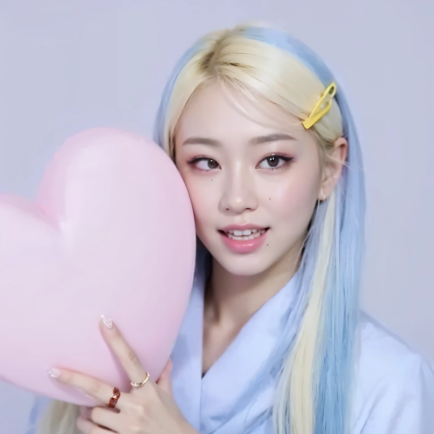 a close up of a person holding a heart shaped balloon, roseanne park of blackpink, belle delphine, cl, portrait of jossi of blackpink, sha xi, jossi of blackpink, her hair is white, kpop style colors, korean idol, sun yunjoo, ava max, ruan cute vtuber, portrait of kpop idol, taejune kim