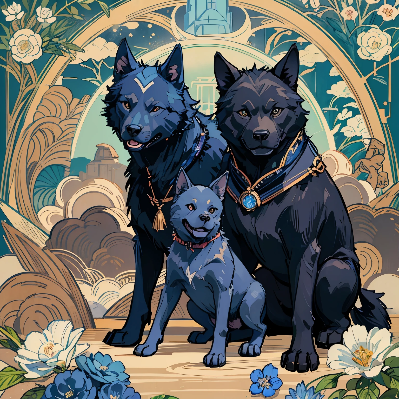 A blue wolf, black akita, and black pitbull puppy, art nouveau background, flowers, volumetric lighting, HD, Old film texture