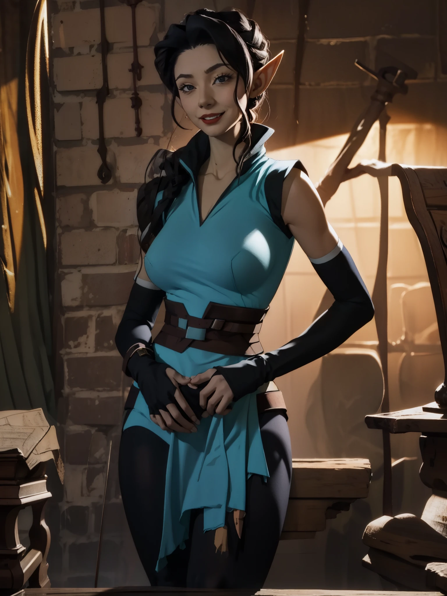 a portrait of a slender woman neckline large, high rise leggings, tall boots, knees together, smooth and clean detail art, full body shot, hands clasped together, sagging chest, pokies (((smug smile emotions))), long black hair, thigh gap, sleevless top,  large eyes, dynamic angle, vexahlia, elf ears, medieval background, tavern backround, RPG art, huge lips, red lips,  light blue sash and highlights, ((huge chest))