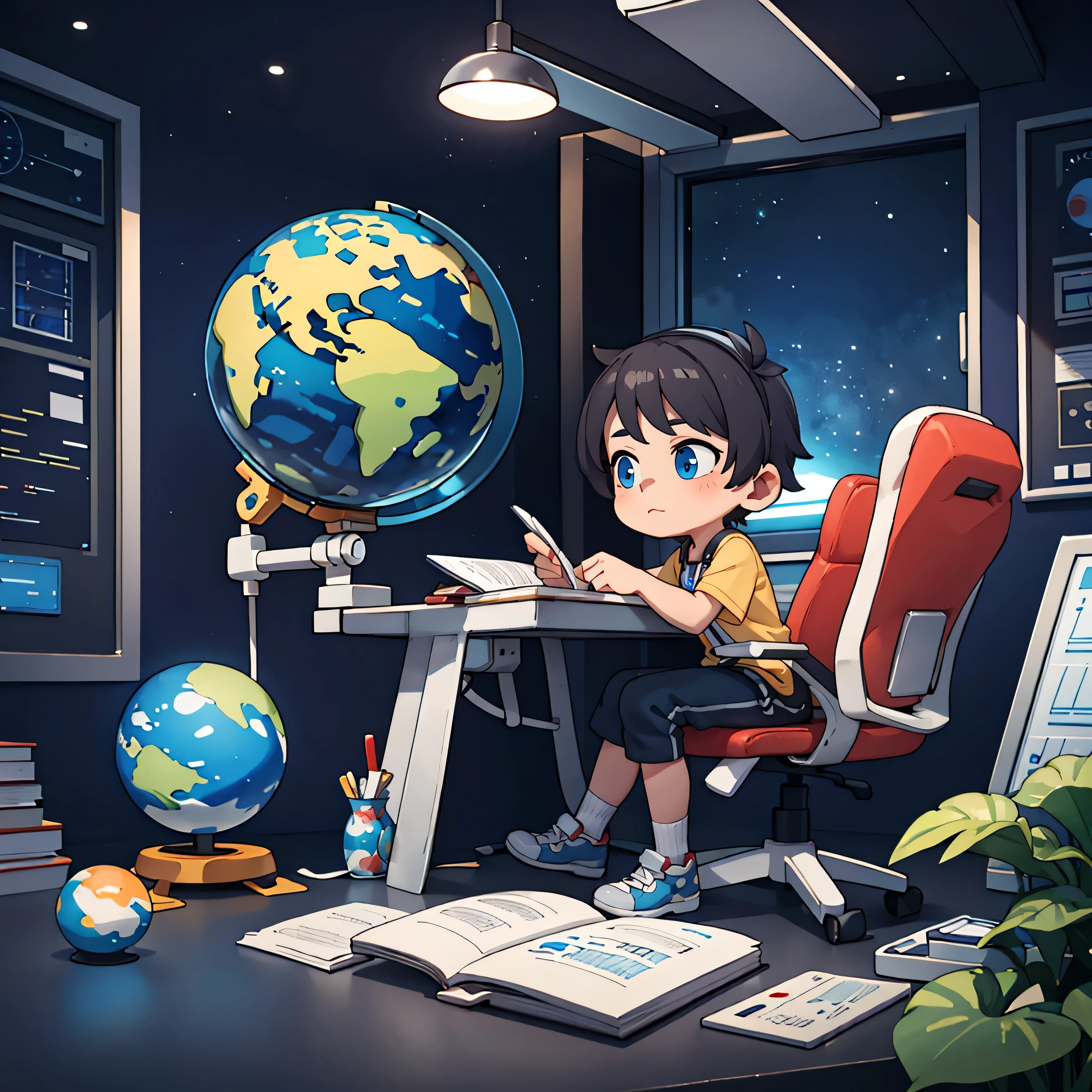 The boy in the void is sitting in his control room, holding math books, which he studies enthusiastically. The control room is spacious, reflects a modern environment, where the little boy takes a seat at the central table. The camera view follows the boy from afar, thus, onlookers can also see the distant Earth through the windows. The windows are huge and clean, giving way to natural light and stunning views, which lies in the background. The blue and green colors of the globe stand out against the dark space background, as the light of the Sun illuminates the planet. The expression on the little boy's face is hardworking and dedicated, while immersing himself in the mysteries of the mathematical world, and the sight of distant Earth inspires him in his love of space exploration and science.