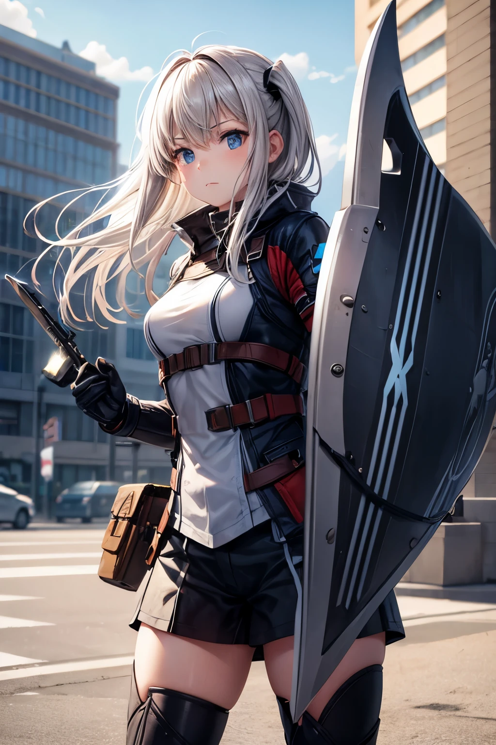 A girl holding a large shield in front of her, systemic pict, combat knife