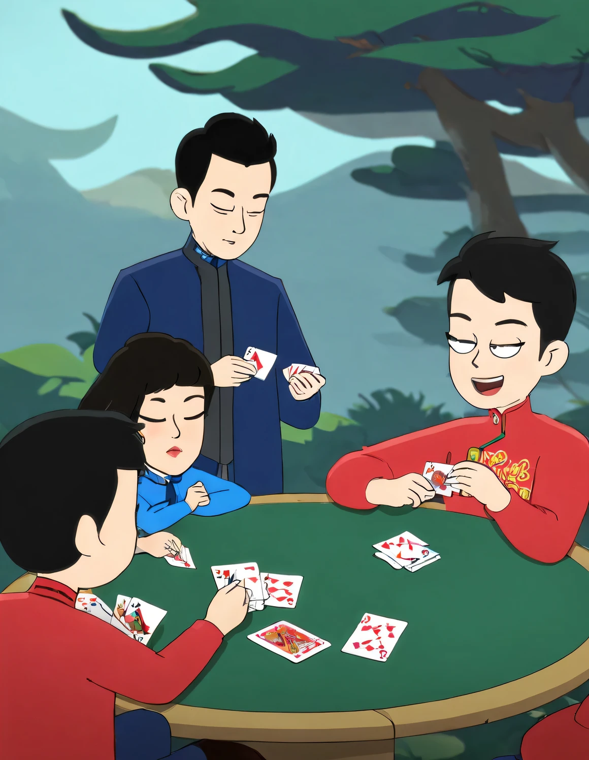Four people are playing cards during the Spring Festival