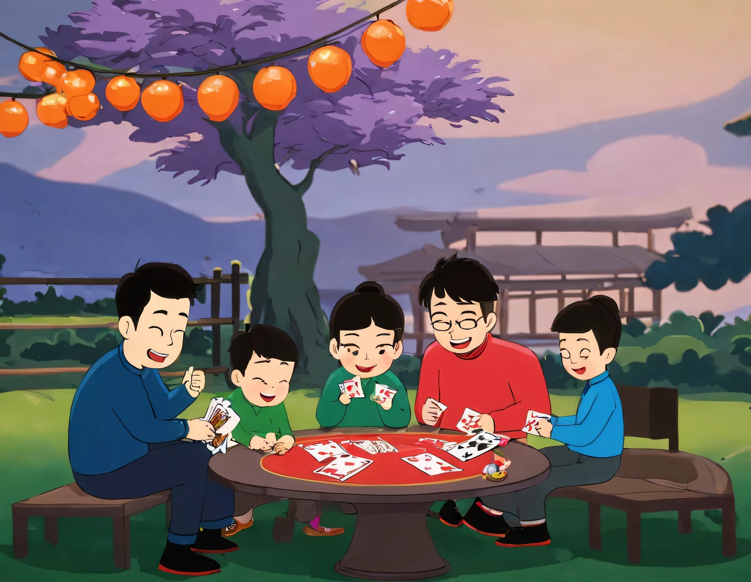 A family of four is playing cards during the Spring Festival
