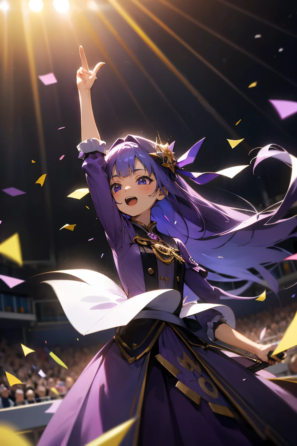 (muste piece), (best quality), very detailed, ((1 girl)), solo focus，Low - Angle，dynamic，jump，((A big smile))，wink，perfect face, beautiful face, very detailedな顔，(Purple hair long hair_purple eyes:1.3)，idol costume，solo idol，Ribbon hair ornament，concert dome，live，have a microphone，singing，Smiling with mouth wide open，Laser Light，Spotlight，confetti