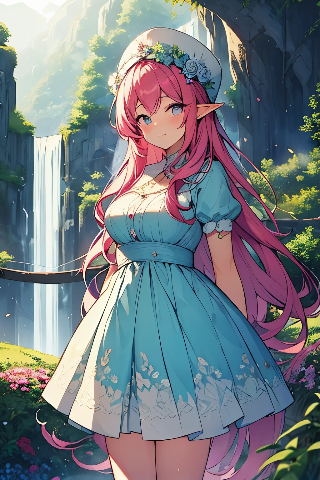 In the enchanting world of 80s anime, a lone elf graces the scene. Her magenta hair, beautifully fluffy, cascades down in delicate waves. With emerald eyes that shine like precious gemstones, she gazes out at the vast expanse of nature before her. Her elegant dress, adorned with intricate designs of leaves and flowers, is a vision of pure elegance. Bathed in soft pastel colors, it perfectly complements the cute and fairy-tale like atmosphere of her surroundings. The attention to detail in every stitch and pattern is truly remarkable, capturing the essence of a super detailed and majestic background. As she embarks on her adventurous journey, the world unfolds with wonder and excitement, inviting us to immerse ourselves