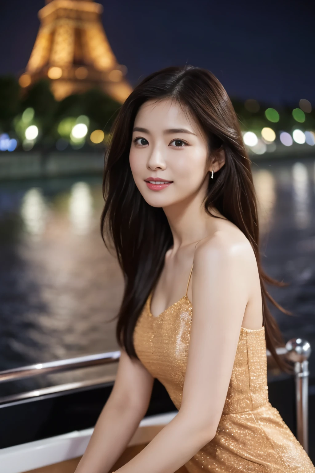 ((table top:1.4, highest quality)), (realistic pictures:1.4),
((1 girl)),
(超High resolution:1.2), very delicate and beautiful, wonderful,
Highly detailed CG Unity 8K wallpaper, Super detailed, High resolution, soft light,
beautiful detailed girl, highly detailed eyes and face, beautifully detailed nose, beautiful and detailed eyes,
(gorgeous long dress:1.4),
cinematic lighting, perfect anatomy, slender body, thin chest,
(Relax on a pleasure boat in the Seine:1.3), (city light at night:1.4), (outdoor:1.3), (eiffel tower),
cowboy shot, looking at the viewer, smile