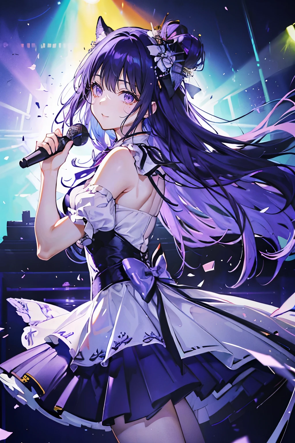 (muste piece), (best quality), very detailed, ((1 girl)), solo focus，Low - Angle，dynamic，jump，((A big smile))，wink，perfect face, beautiful face, very detailedな顔，(Purple hair long hair_purple eyes:1.3)，idol costume，solo idol，Ribbon hair ornament，concert dome，live，have a microphone，singing，Smiling with mouth wide open，Laser Light，Spotlight，confetti