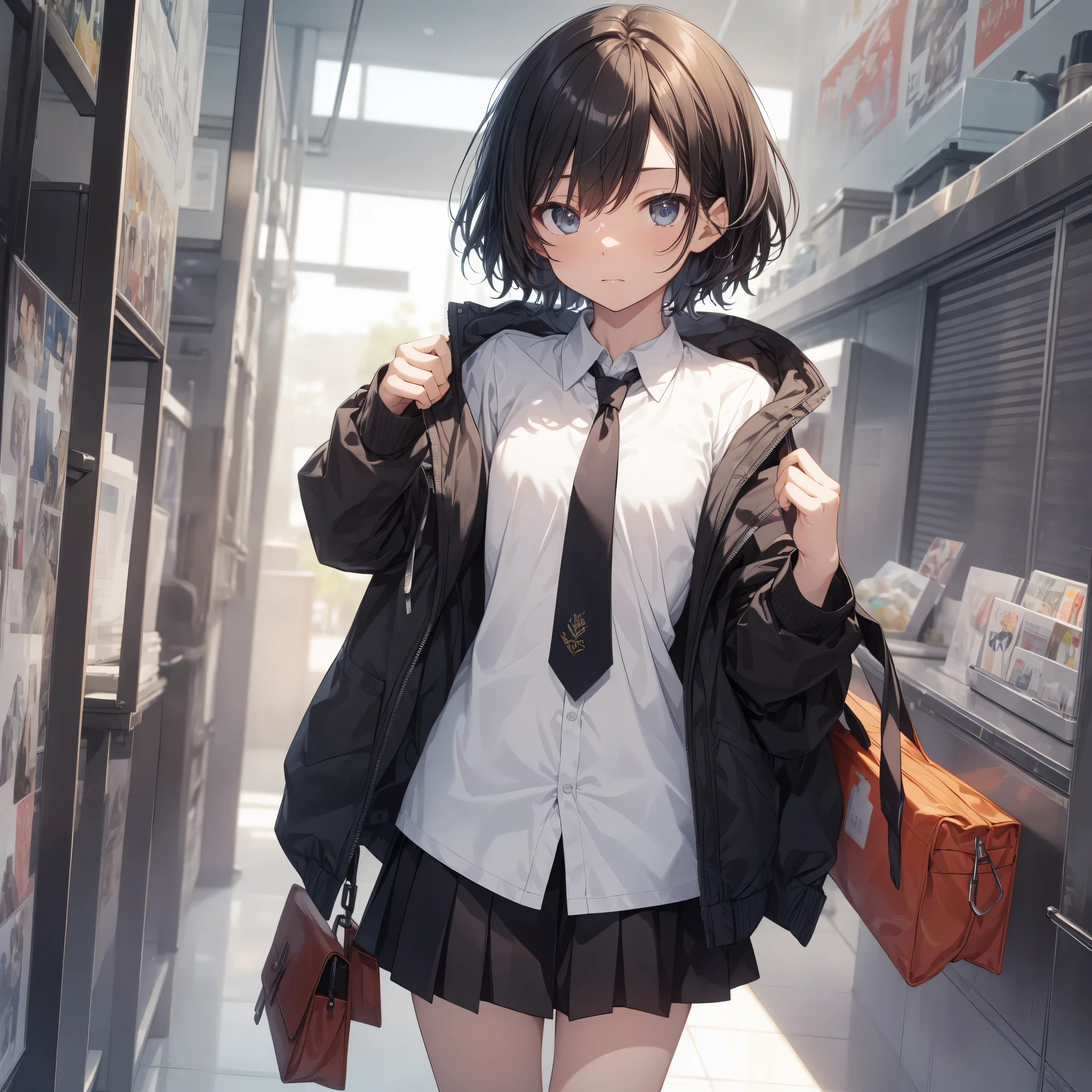 Super high quality by the art god, super detailed, High resolution, anime moe art style, best anime 8K konachan wallpaper, pixiv contest winner, perfect anatomy, break,(眠そうにalone学校へ行く女の子を描いてください. )break, 1 girl, (alone,little woman, ta, , 13 y),All limbs, full finger,, The charm of an immature body, (very short hair), flat chest, small ass, between legs, slim legs, Small black eyes, beautiful and fine eyes, Well-proportioned iris and pupils, expressive eyes, disgusted eyes, High resolutionの詳細な髪, wearing school uniform, (skirt),(detailed lighting), (detailed background), On the way to school. break,super dense skin, Best lighting by famous artists, 8K, figure,UHD, rough skin