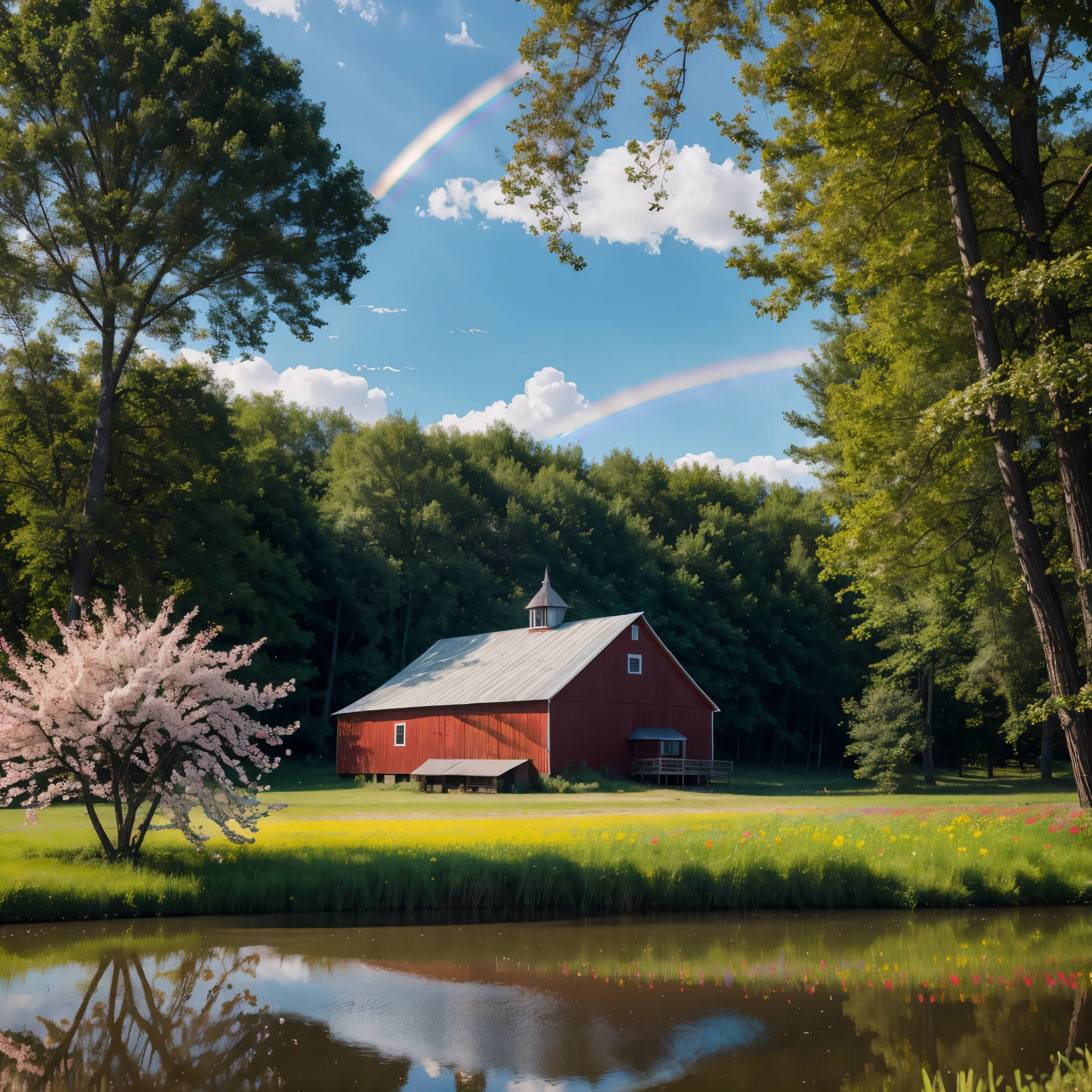 An old red barn with a dirt road leading to it. A large red maple tree in full bloom is towering over the barn. on one side of the barn is a large open meadow with grass and colorful flowers, the other side of the barn is a large reflecting lake, The other side of the lake are large beautiful mountains with snow capped peaks and beautiful waterfalls going into the lake forming rainbows, birds flying overhead, (acid pixie:1.3), hyper realistic, 8k, vibrant colors, sharp image