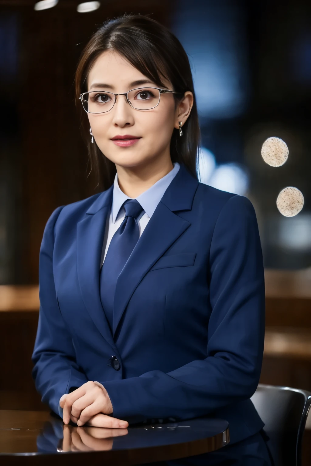 High resolution, highly detailed pictures, hyper real, professional lighting, detailed bust, 8k wallpaper, table top, highest quality, 1 girl, beaver, look at the audience, business suit, Dark blue suit, shirt, silver rim glasses, earrings, necklace, mini skirt, well-shaped bust, Bokeh, lower your arms