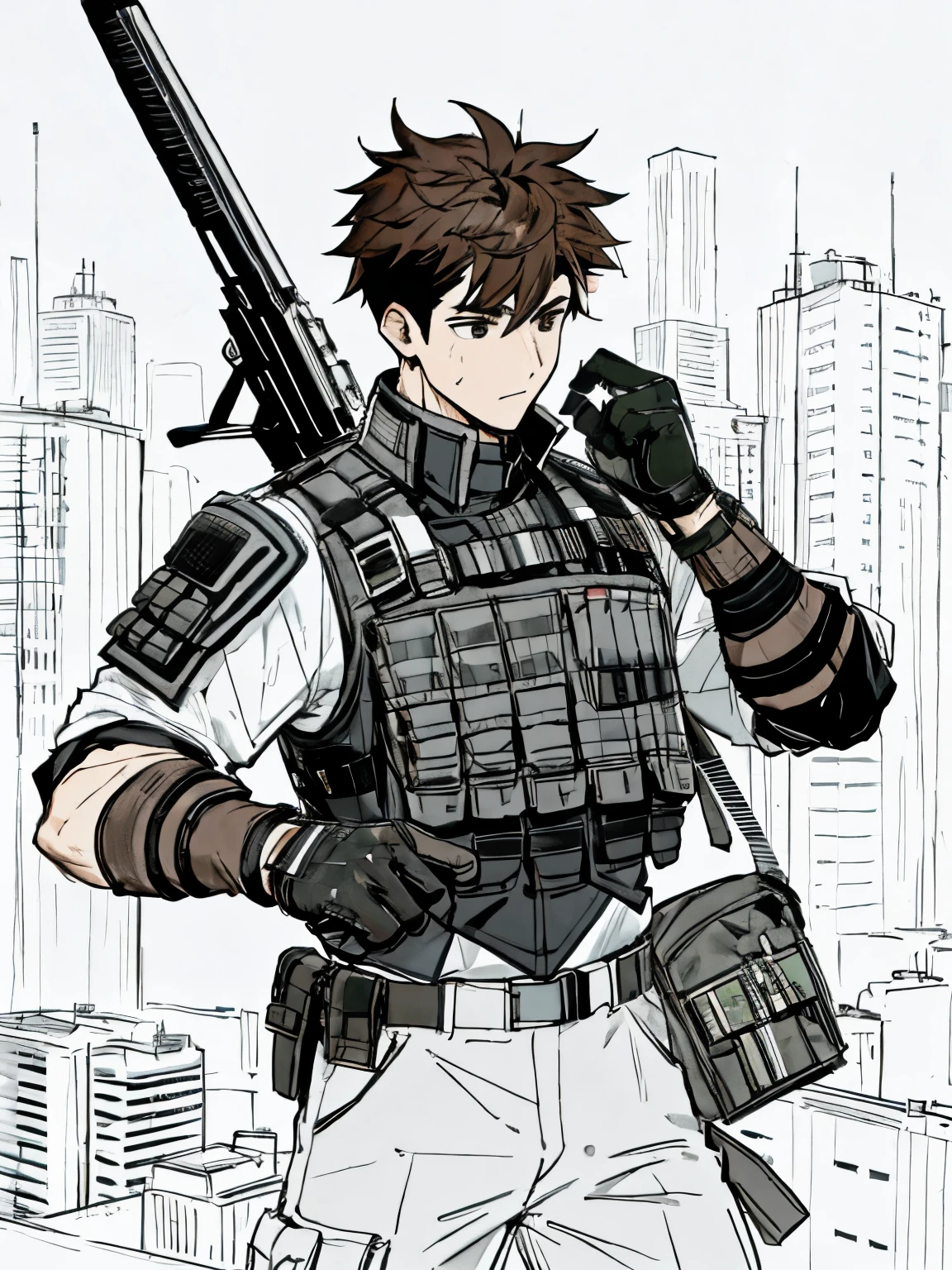 1male, adult black eyes, medium brown hair, bulletproof vest, black combat gloves, city , modern undercut hair , messy hair