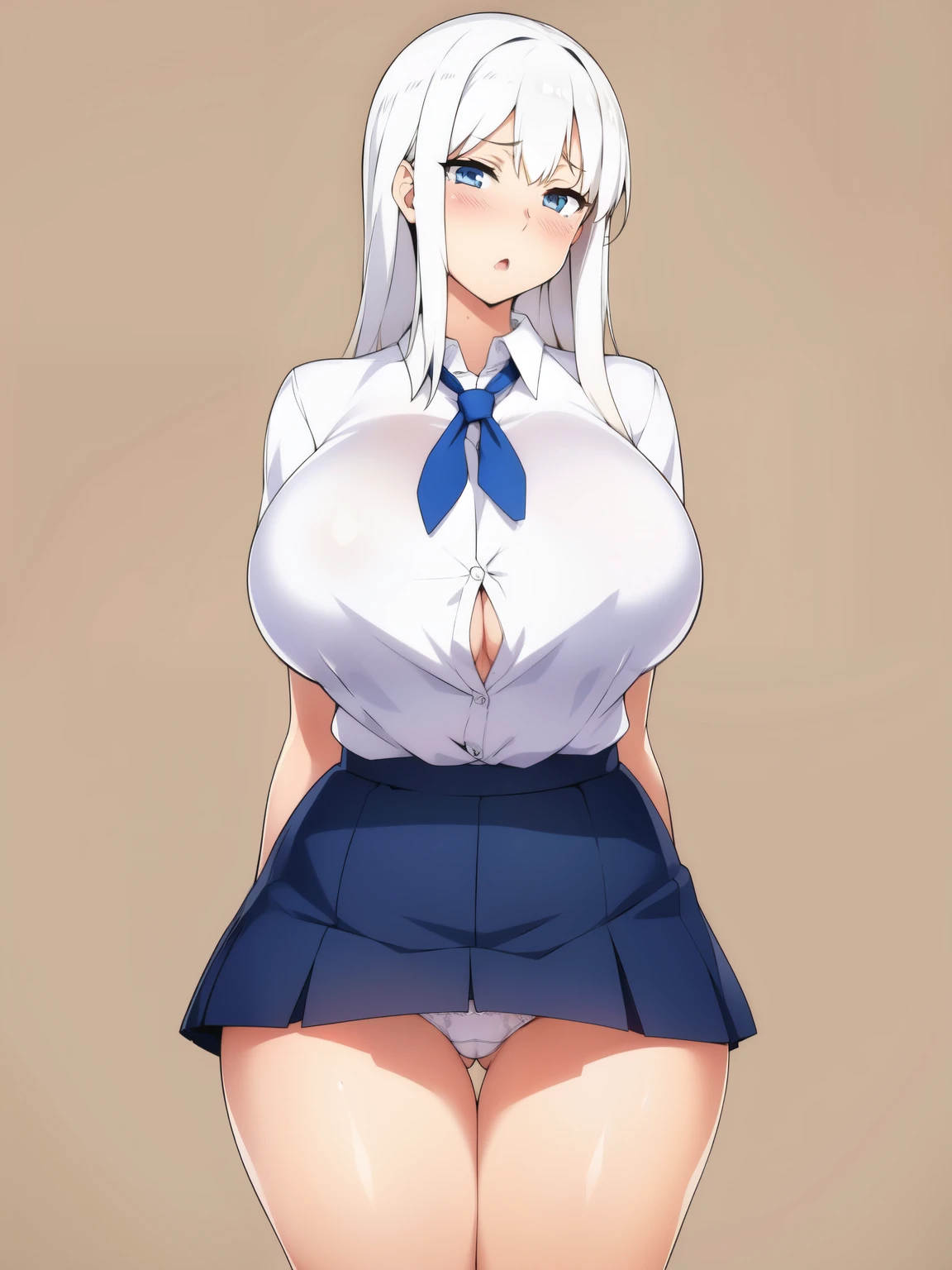 rating_explicit, embarrassed girl demonstrate to viewer her pubis and breasts, soft anime style, detailed image, masterpiece, cowboy shot, 1girl, long hair, white hair, :o, aroused, (big breasts:1.2), puffy nipples, (thick thighs:1.2), partially visible vulva, pubis, tie, shirt, white shirt, open clothes, gray skirt, skirt, skirt lift, lifted by self, white panties, (panties aside:1.2), simple background