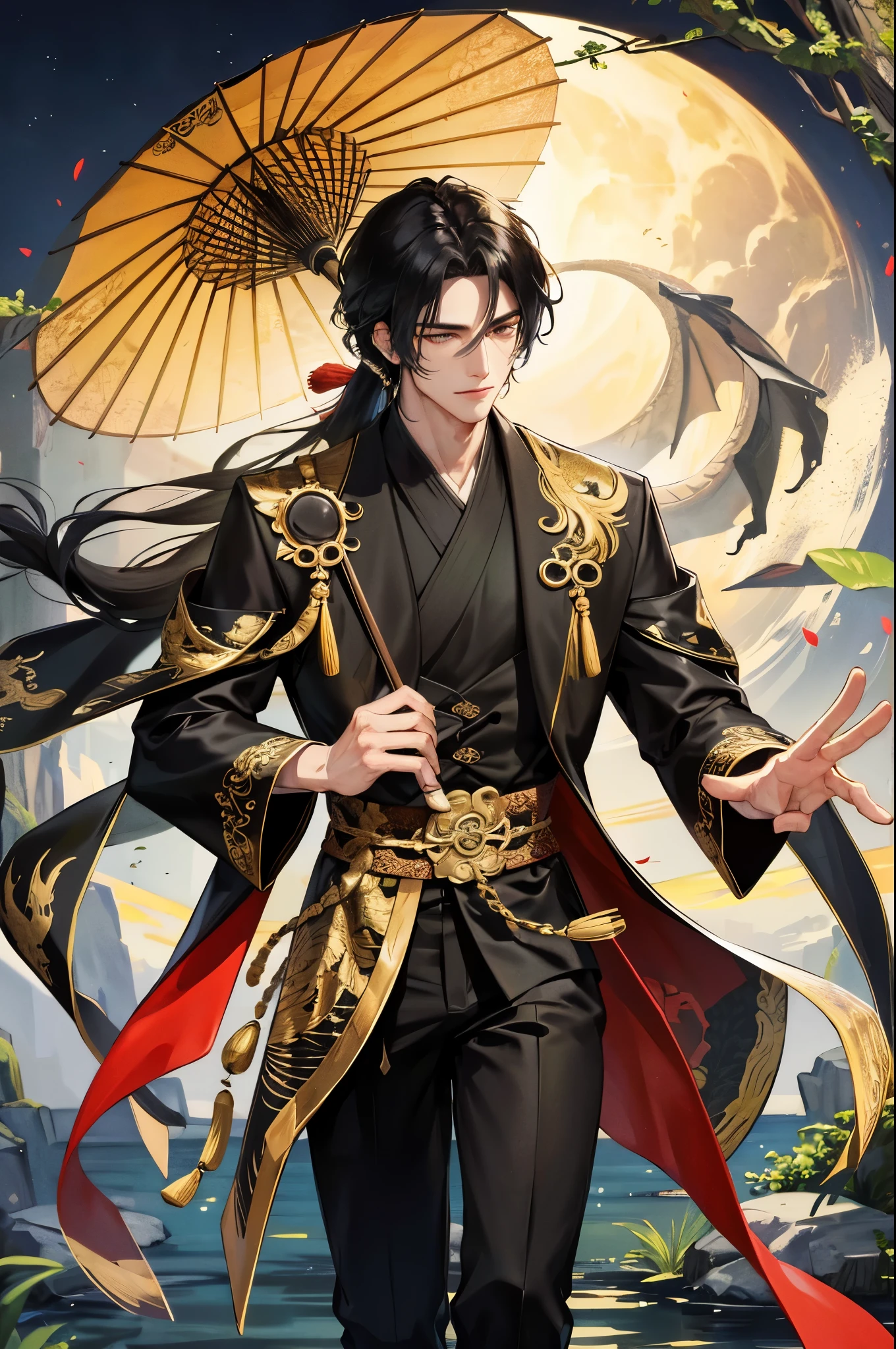 masterpiece, highest quality, outdoor, night, full moon, Lakeside, branch angle, 1 person, mature men, Chinese style, ancient China, black hair, black eye, double hair, long hair, long bangs, good looking, good looking, masculine, kind, expensive, Calm, black and gold mixed clothes, Dragon pattern, prince, umbrella, Wet day, fine facial details, facial details,