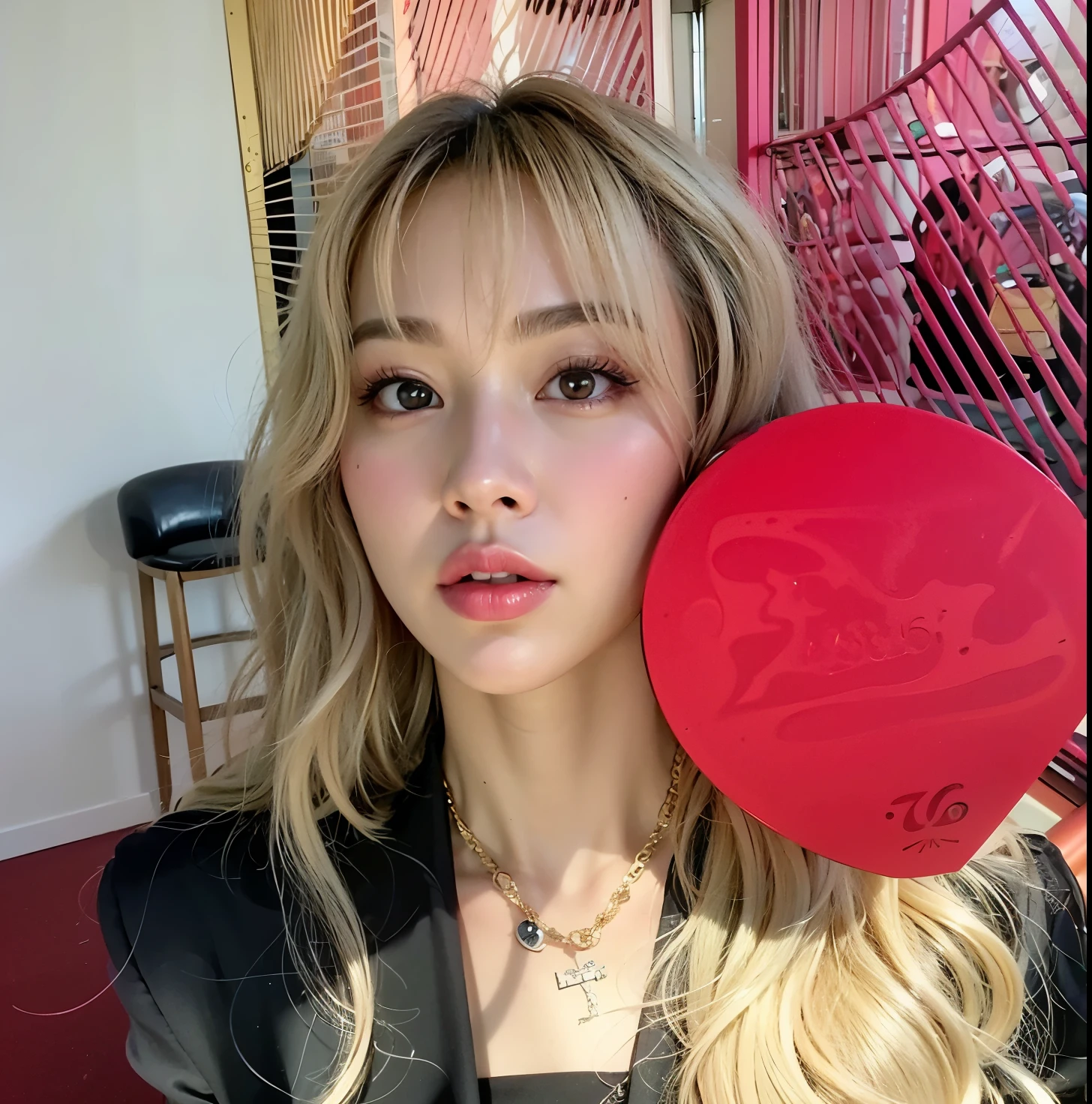 araffe woman holding a red paddle in front of her face, lalisa manobal, lalisa manoban of blackpink, roseanne park of blackpink, portrait of jossi of blackpink, popular south korean makeup, sun yunjoo, with round face, with round cheeks, with bangs, jossi of blackpink, popular korean makeup, heonhwa choe