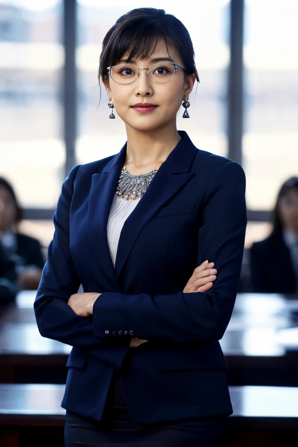 High resolution, highly detailed pictures, hyper real, professional lighting, detailed bust, 8k wallpaper, table top, highest quality, 1 girl, beaver, look at the audience, business suit, Dark blue suit, shirt, silver rim glasses, earrings, necklace, mini skirt, well-shaped bust, Bokeh, lower your arms