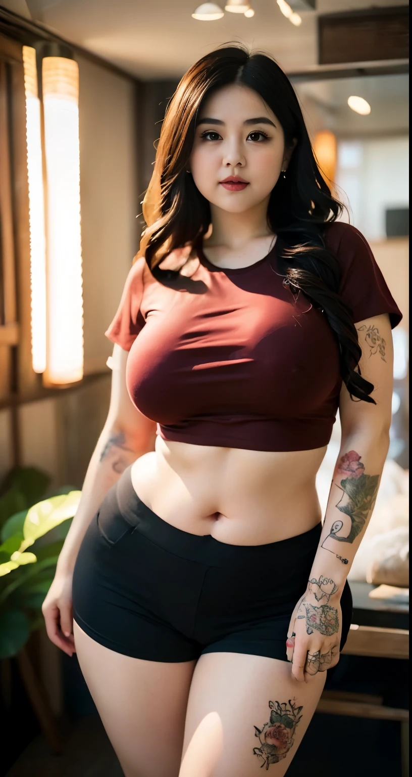 there is a woman posing in a dark room with a maroon t-shirt covered her belly and red thight skirt, thick body, beautiful thick female, wide hips, thick legs, she has a jiggly fat round belly, thick thighs, curvy hourglass figure, thicc, curvy model, widest hips, hyperrealistic full figure, bbwchan, voluptuous body, thick, tattooed body, tattooed hands, tattooed arm, ((Chubby woman:1.lump woman:1.3)), full body , ((Detailed texture of tattooed skin)), tattoo round breasts, irezumi tattoo style, tattoo on breasts, tttattoo, showing her thigh , tattoo on thigh, a close up of a woman with tattoos on her body, inked, tattooed body, fully tattooed body, tattooed, full-body tattoos, full - body tattoos, , full body tattoo, with tattoos, , tattoos, tattoos all over the skin, tattoos and piercings