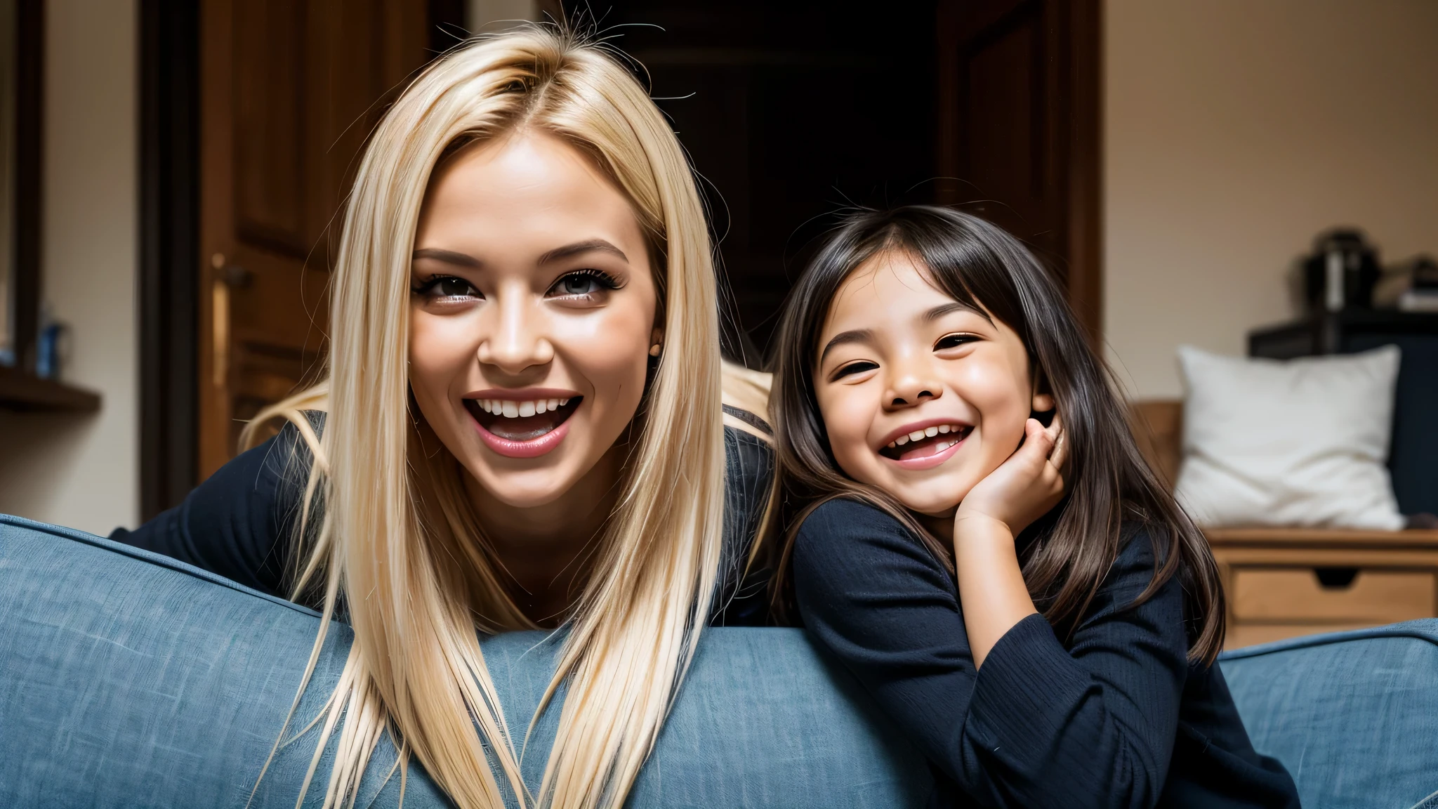 KIDS GIRL BLONDE long hair, with a black face and a black face with a black face, evil crazy laugh,