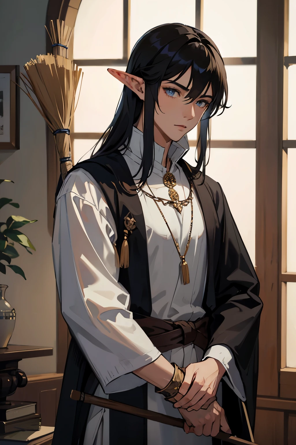 handsome muscular male witch with huge broom casting spells. Very tall black elf archer wearing beautiful elf outfit