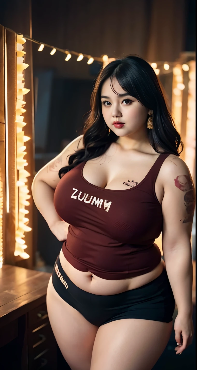 there is a woman posing in a dark room with a maroon t-shirt covered her belly and  red thight skirt, thick body, beautiful thick female, wide hips, thick legs, she has a jiggly fat round belly, thick thighs, curvy hourglass figure, thicc, curvy model, widest hips, hyperrealistic full figure, bbwchan, voluptuous body, thick, tattooed body, tattooed hands, tattooed arm, ((Chubby woman:1.lump woman:1.3)), full body , ((Detailed texture of tattooed skin)), tattoo round breasts, irezumi tattoo style, tattoo on breasts, tttattoo, showing her thigh , tattoo on thigh, a close up of a woman with tattoos on her body, inked, tattooed body, fully tattooed body, tattooed, full-body tattoos, full - body tattoos, , full body tattoo, with tattoos, , tattoos, tattoos all over the skin, tattoos and piercings, chubby woman, thicc 