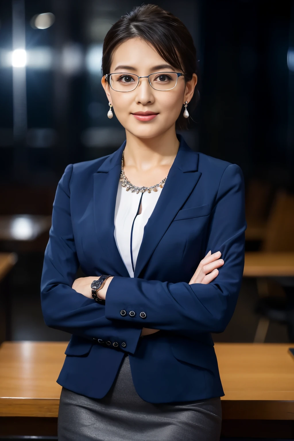 High resolution, highly detailed pictures, hyper real, professional lighting, detailed bust, 8k wallpaper, table top, highest quality, 1 girl, beaver, look at the audience, business suit, Dark blue suit, shirt, silver rim glasses, earrings, necklace, mini skirt, well-shaped bust, Bokeh, lower your arms