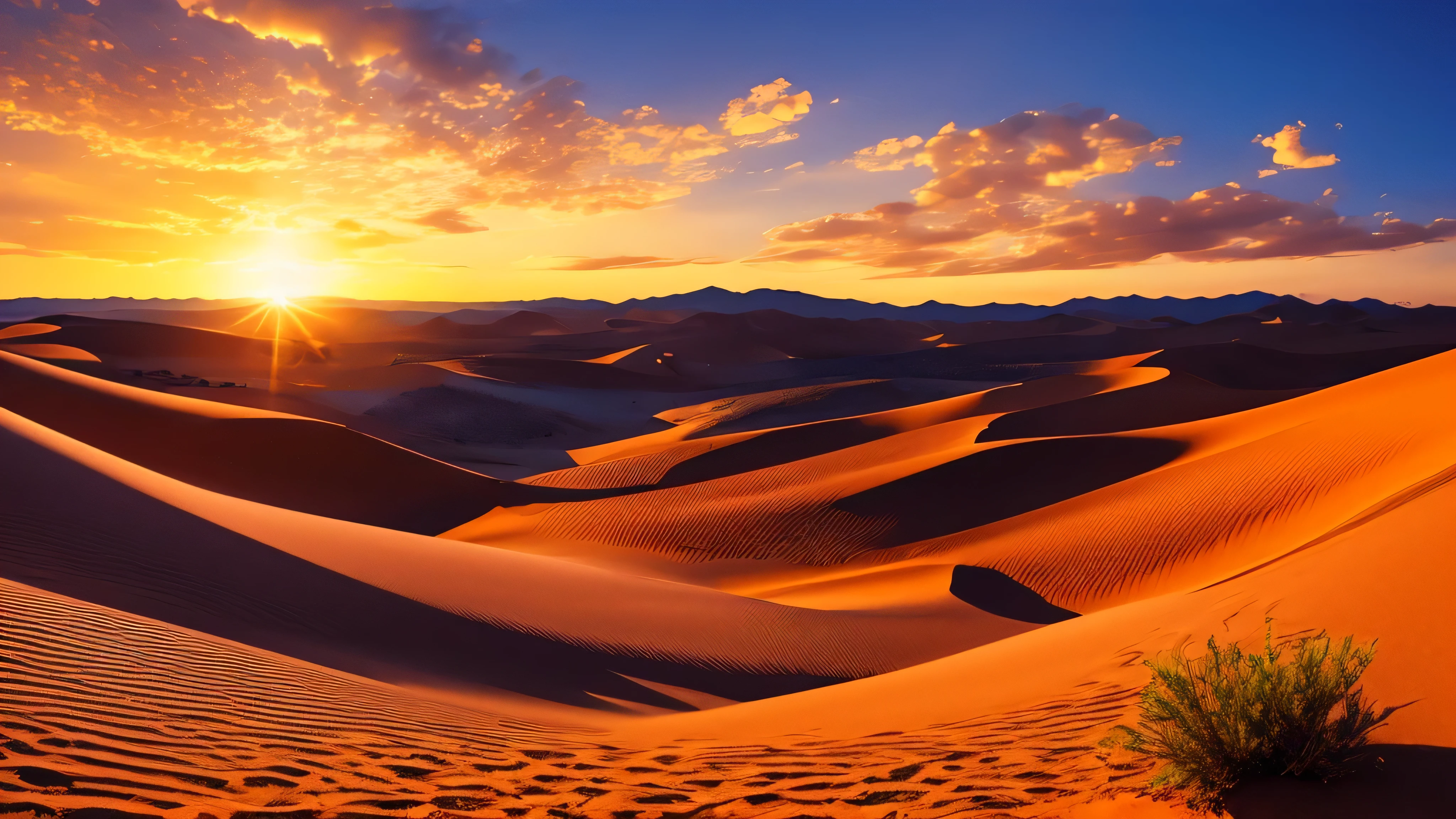 hot desert at sunset, horizon, magic waygate in the desert