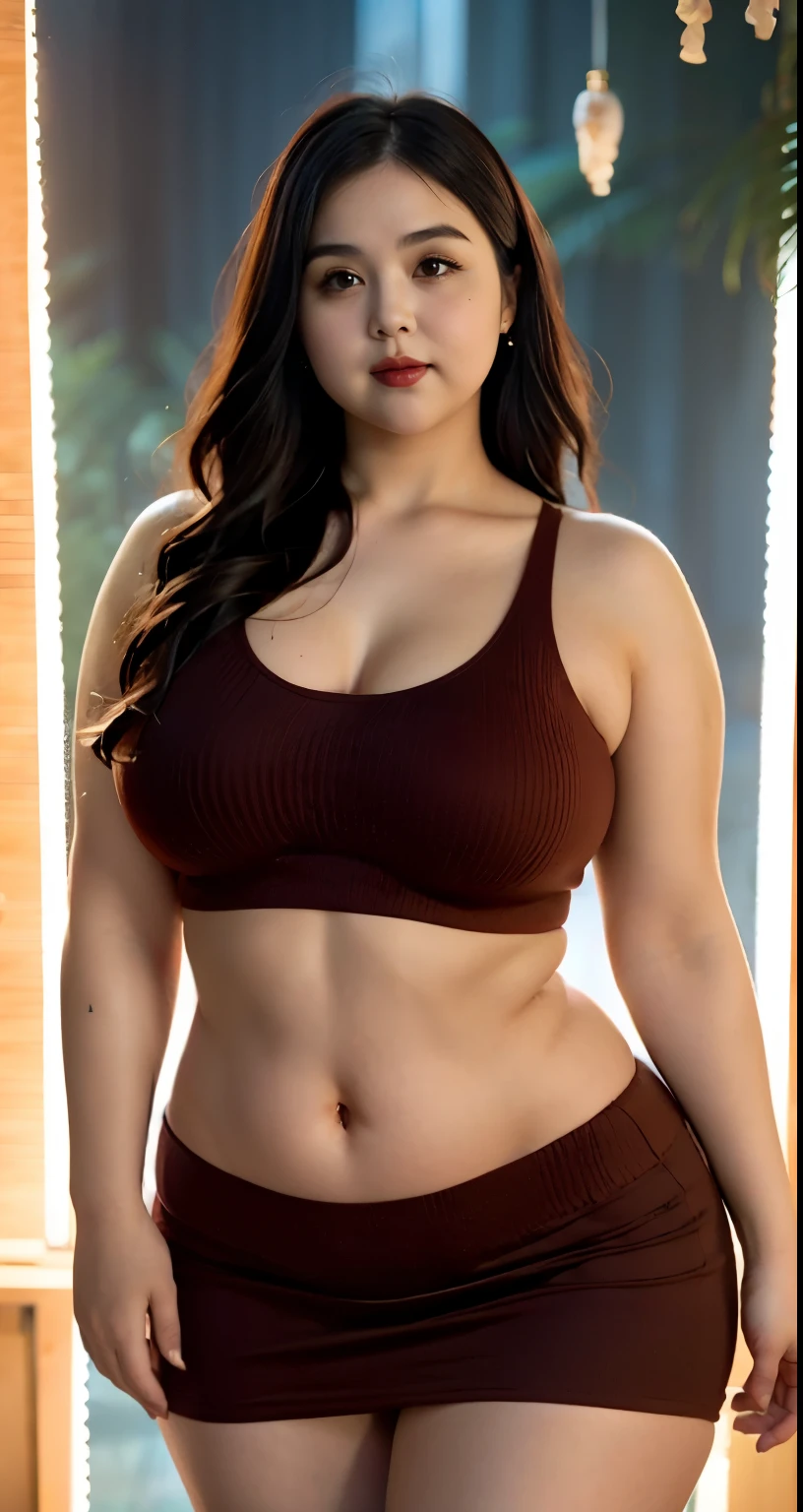 there is a woman posing in a dark room with a maroon t-shirt covered her belly and red thight skirt, thick body, beautiful thick female, wide hips, thick legs, she has a jiggly fat round belly, thick thighs, curvy hourglass figure, thicc, curvy model, widest hips, hyperrealistic full figure, bbwchan, voluptuous body, thick, tattooed body, tattooed hands, tattooed arm, ((Chubby woman:1.lump woman:1.3)), full body , ((Detailed texture of tattooed skin)), tattoo round breasts, irezumi tattoo style, tattoo on breasts, tttattoo, showing her thigh , tattoo on thigh, a close up of a woman with tattoos on her body, inked, tattooed body, fully tattooed body, tattooed, full-body tattoos, full - body tattoos, , full body tattoo, with tattoos, , tattoos, tattoos all over the skin, tattoos and piercings, chubby woman, thicc