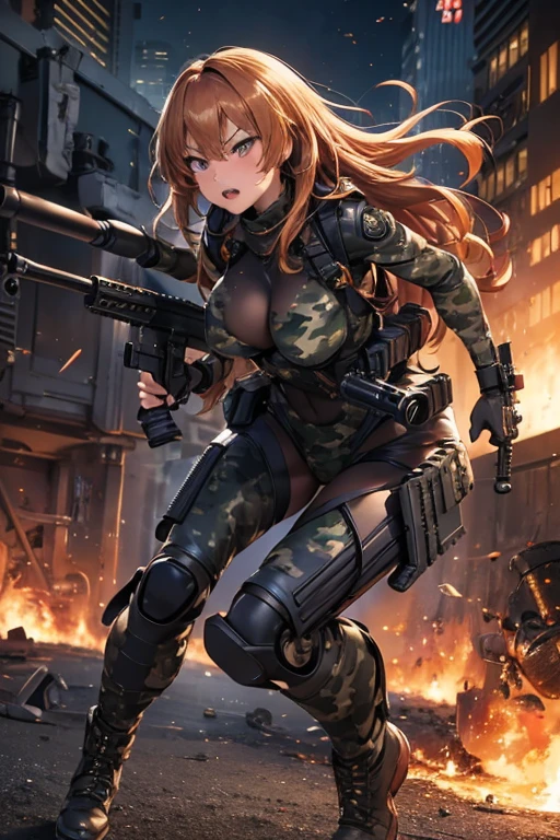 best quality,super detailed,shiny skin,1woman in her 20s,Beautiful jpn-woman,villain,(full body),(one female commando),(camouflage combat suit:1.3),(shoot a machine gun:1.6),(protector),army boots,(red blonde:1.2),(angry face:1.2),(square hanging eyes),precisely drawn face,(super big breasts),(big ass),thigh focus,dynamic pose,futuristic equipment,(In combat:1.3),(urban warfare),Explosion and flames,cyber punk,night,1thumb and 4fingers,